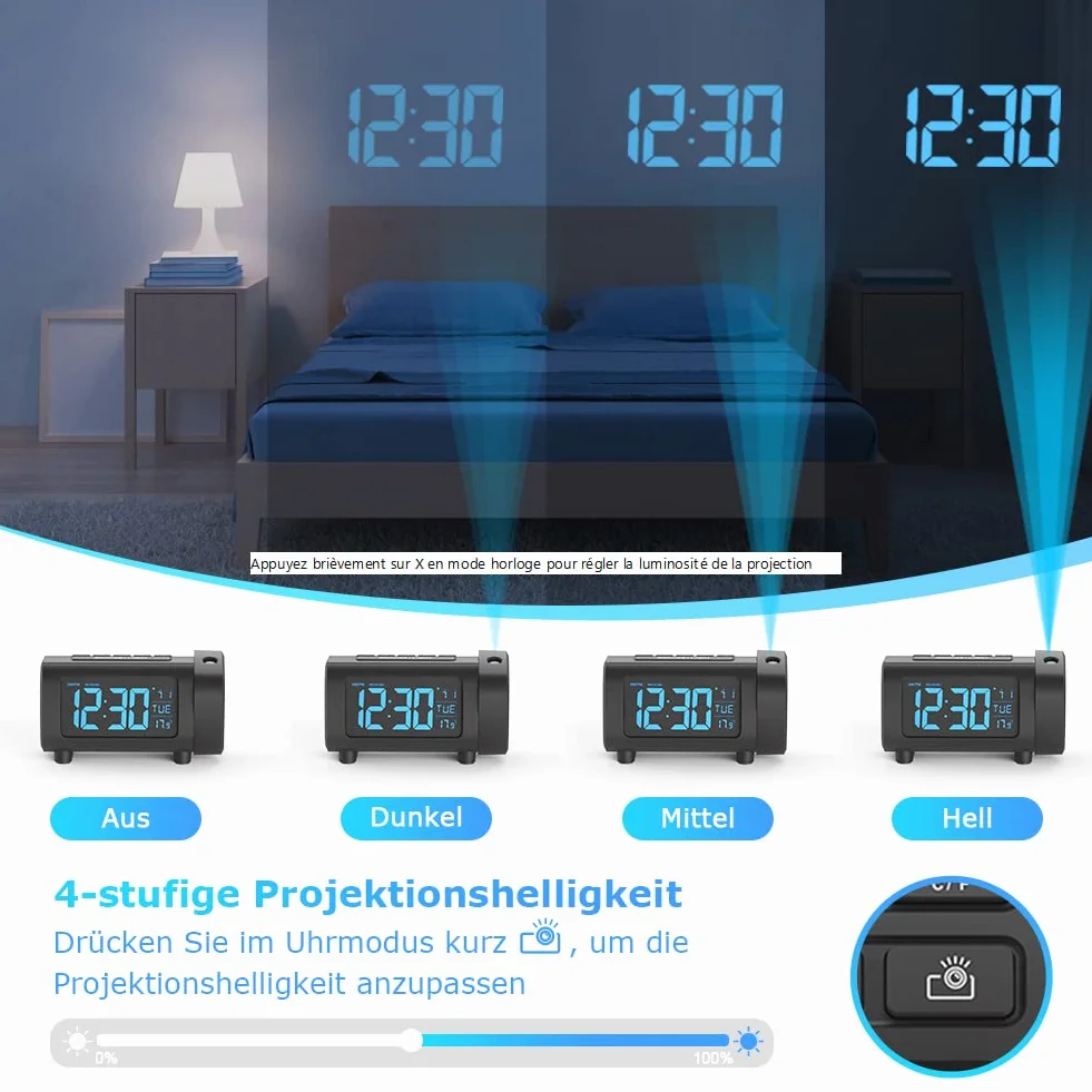 LIORQUE cyfrowy budzik z projektorem, automatyczne wyłączanie, temperatura, radio FM, złącze USB, 2-kolorowe cyfry i 4-stopniowa jasność, tryb weekendowy, funkcja drzemki (czarny)
