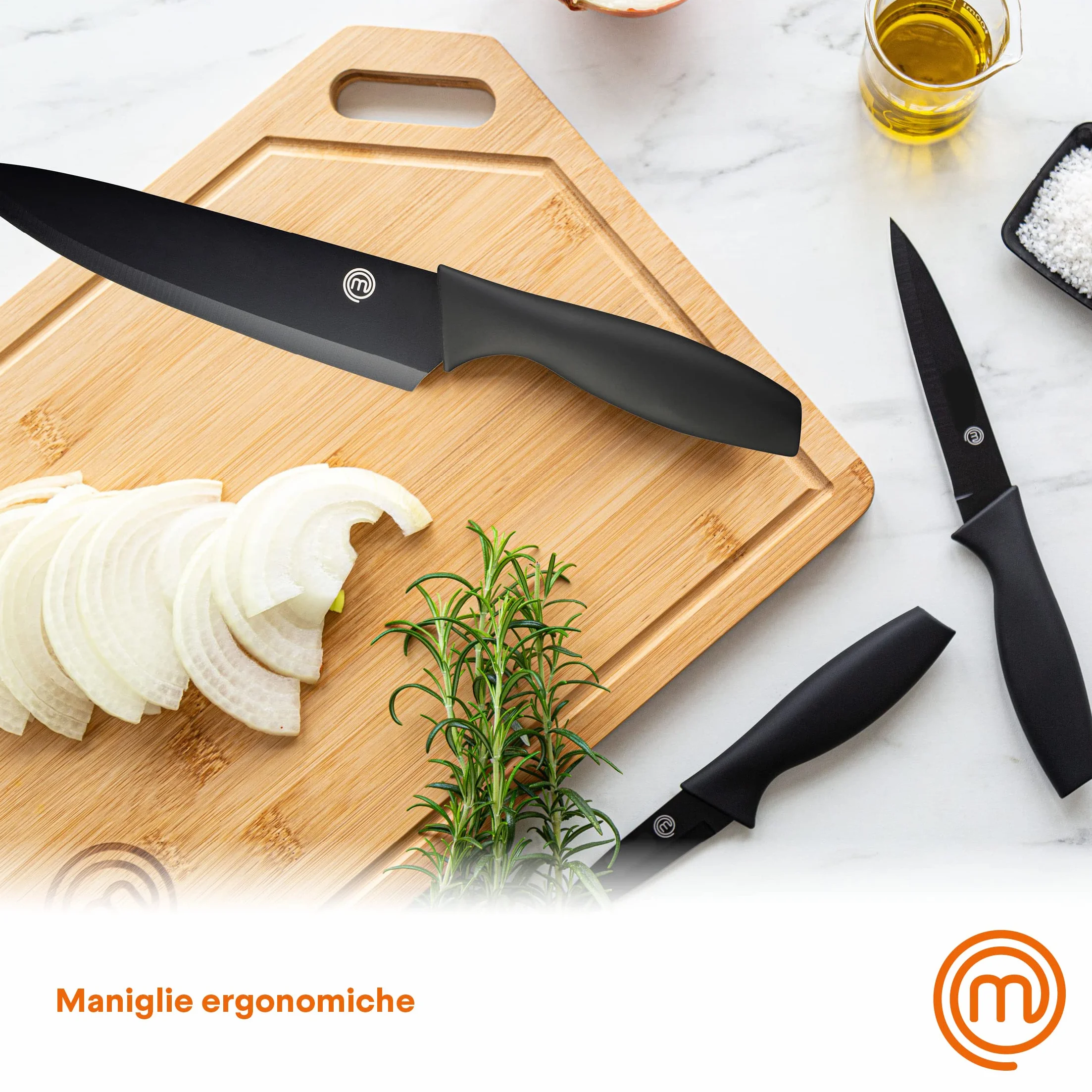 MasterChef Zestaw Noży Kuchennych 5-Częściowy, Nóż Szefa Kuchni, do Chleba, Porcjowania, Obierania i Uniwersalny, Stal Nierdzewna, Ergonomiczne Miękkie Uchwyty, Powłoka Nieprzywierająca, Czarny