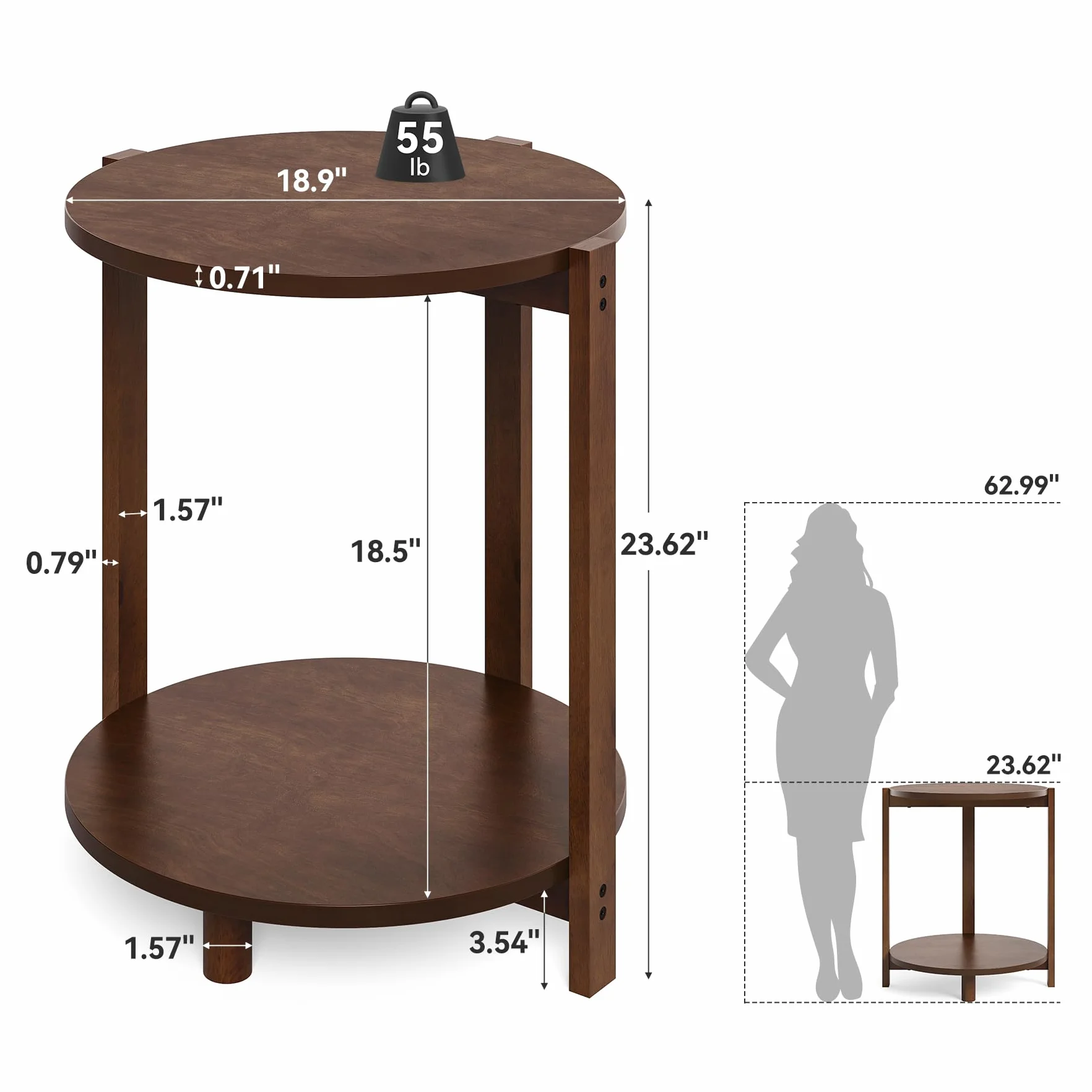 Stolik pomocniczy z litego drewna do salonu, mały okrągły stolik pomocniczy z 2 półkami, średnica 48 cm, drewniany stolik nocny w stylu retro, mebel akcentujący do małych pomieszczeń, sypialni