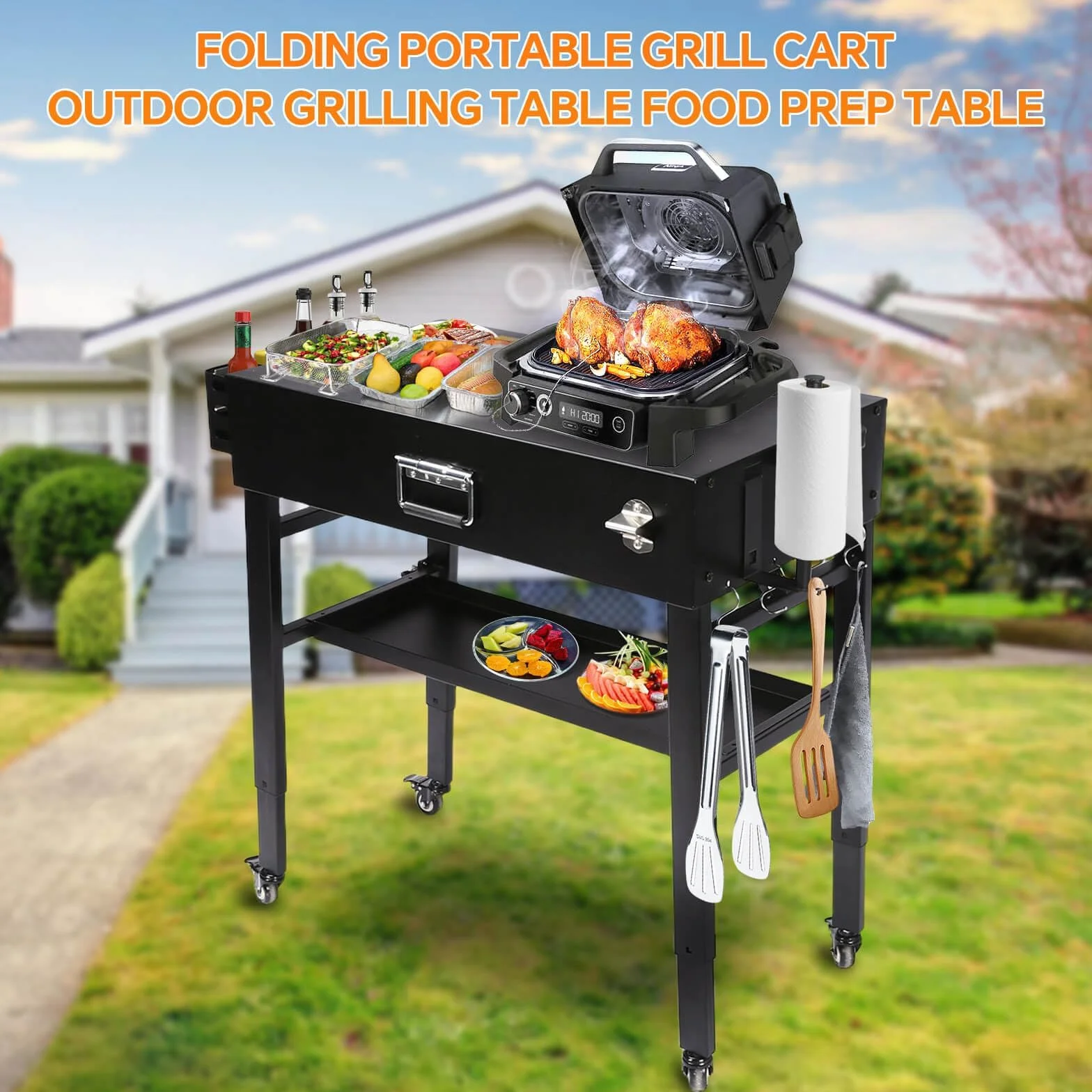 GFTIME Wózek do grilla Ninja Woodfire Outdoor Grill, przenośny wózek do serwowania, stojak Woodfire do serii Ninja OG700, uniwersalny składany stojak do grilla Weber Q1000, stół do grilla do pieca do