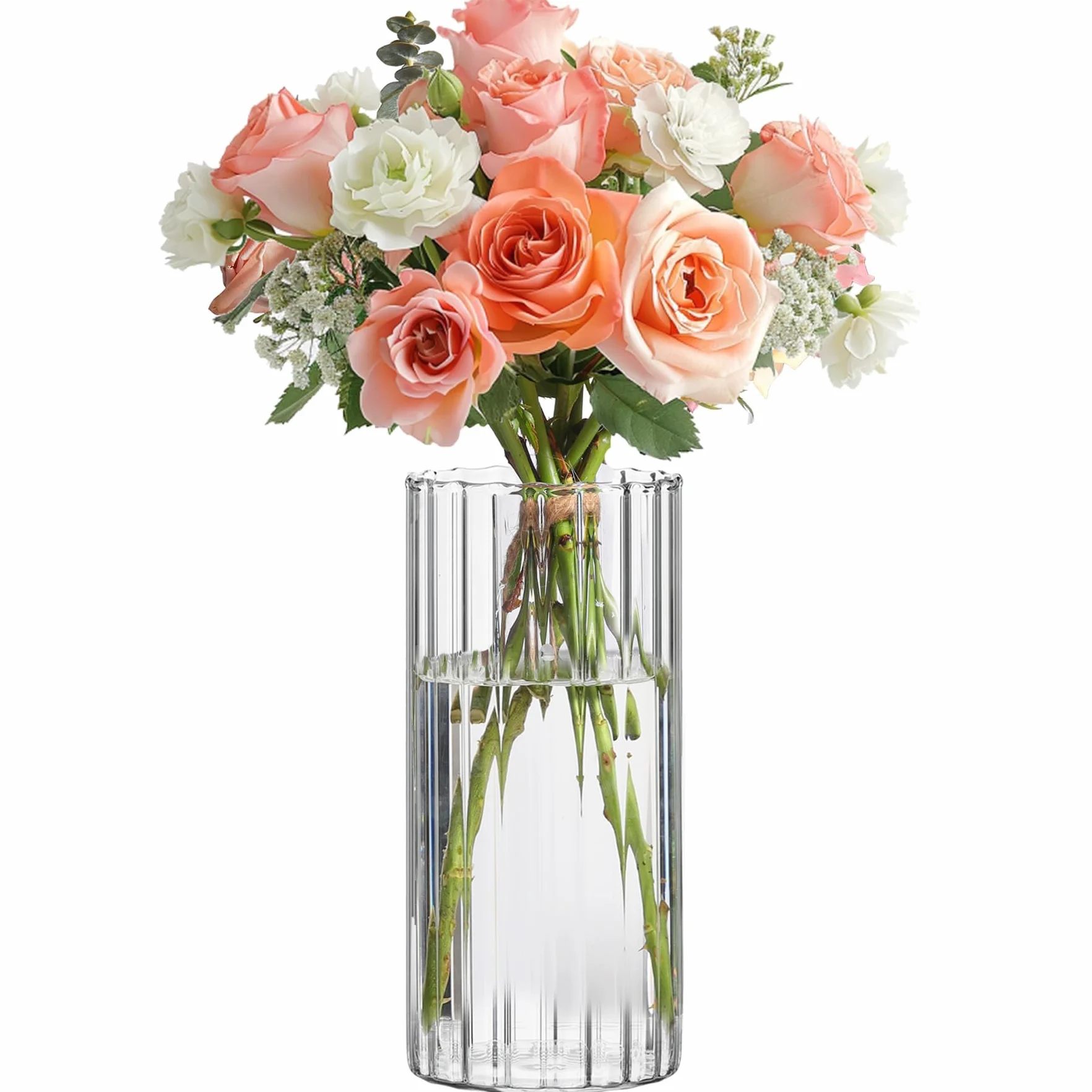 ComSaf Szklane wazony cylindryczne, na kwiaty, elementy centralne, 20 cm wysokości, ryflowany, wazony, dekoracyjne, na przyjęcie weselne, wystrój domu, prezent na parapetówkę, przezroczysty
