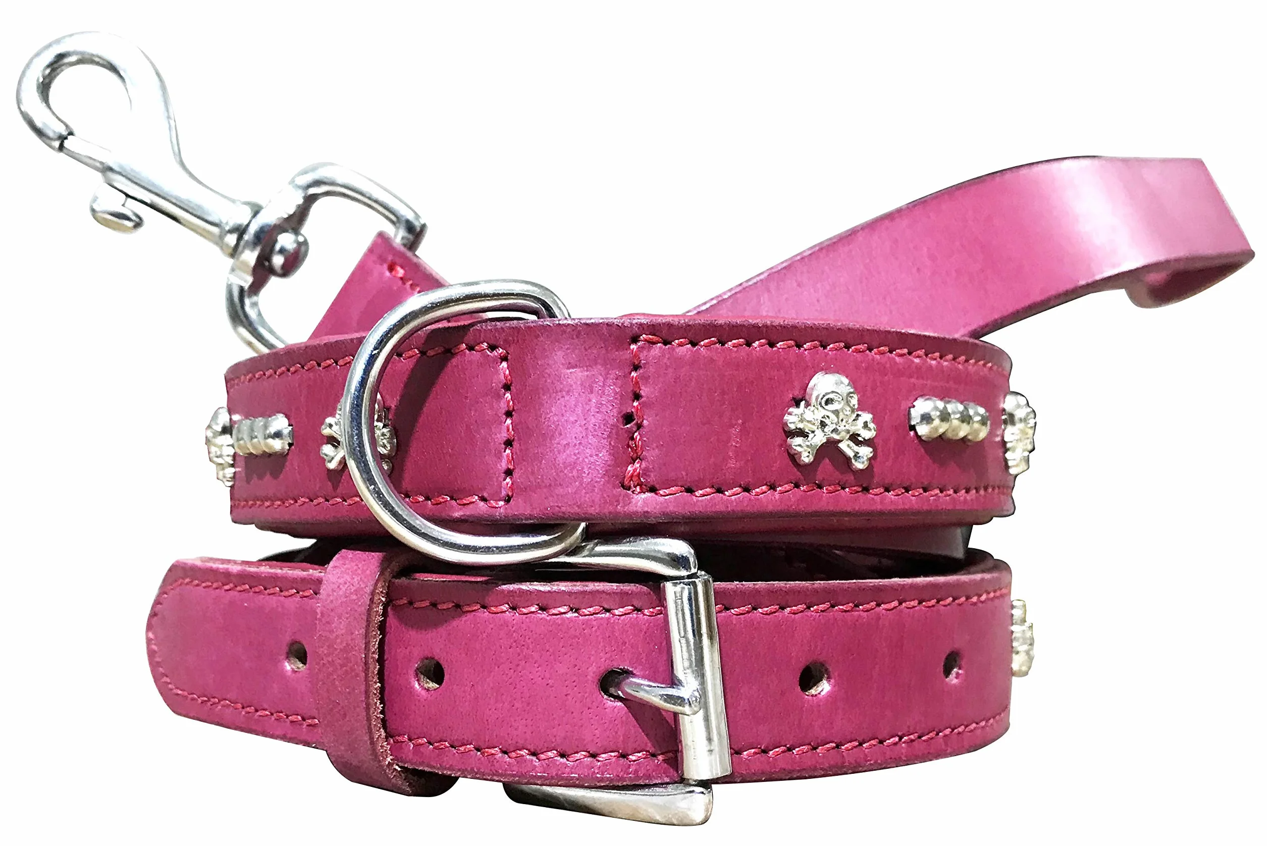 Genuine Leather Matching Pair Dog Collar and Lead Set - S (12-15 Inches)