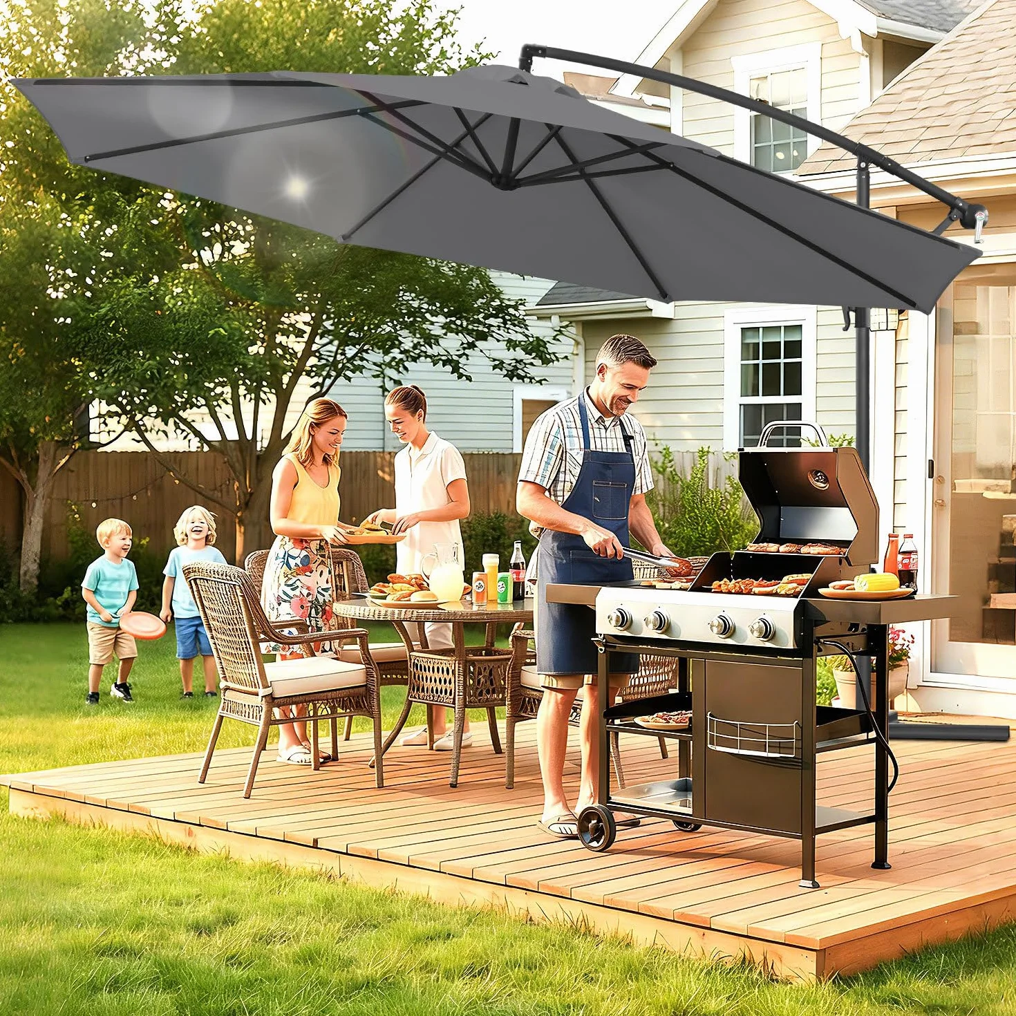 Parasol przeciwsłoneczny 350 cm, ze stojakiem i korbą, parasol ogrodowy, ochrona przed promieniowaniem UV, 8 stalowych wsporników, regulowany kąt nachylenia i wysokość, do basenów, balkonów i