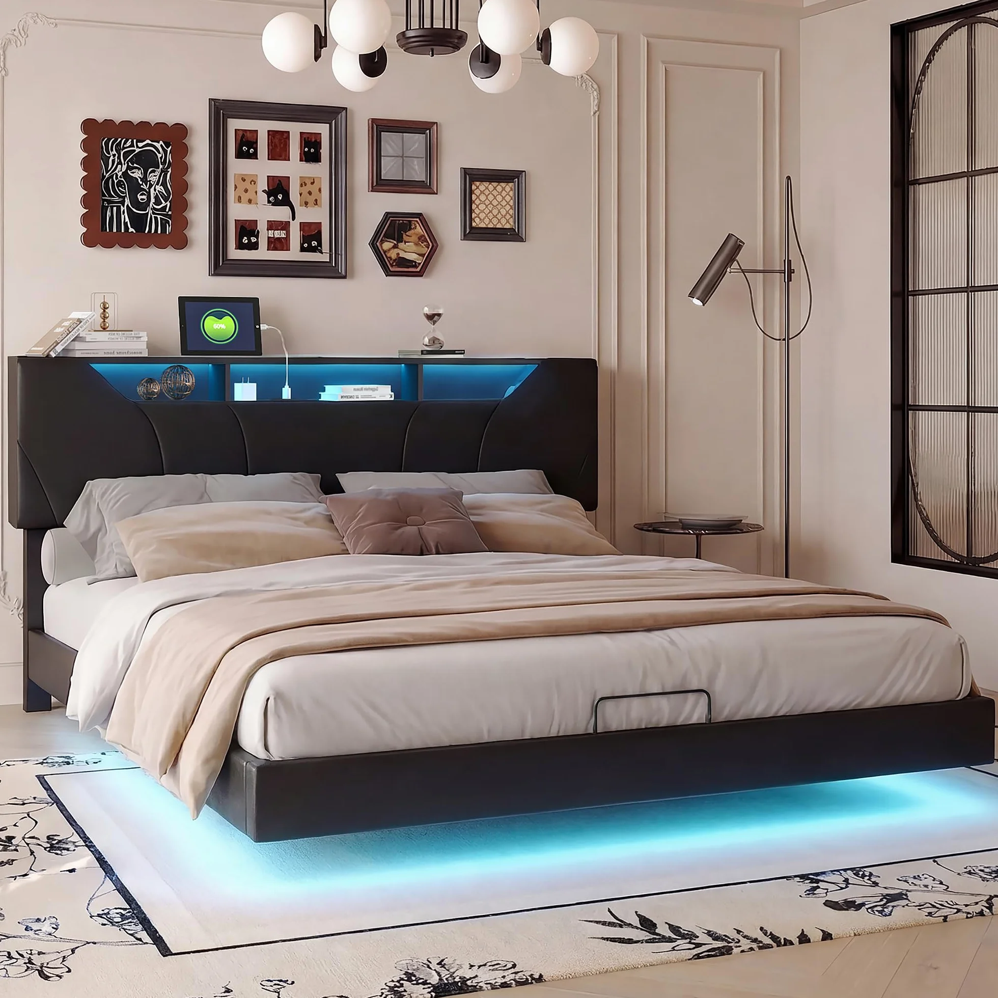 Łóżko bagażowe 140 x 200 z oświetleniem LED, podwójne łóżko tapicerowane z ładowaniem USB, łóżka pływające z hydrauliką, zagłówek z regulacją wysokości, PU, czarne (Czarny-A, 140×200cm)