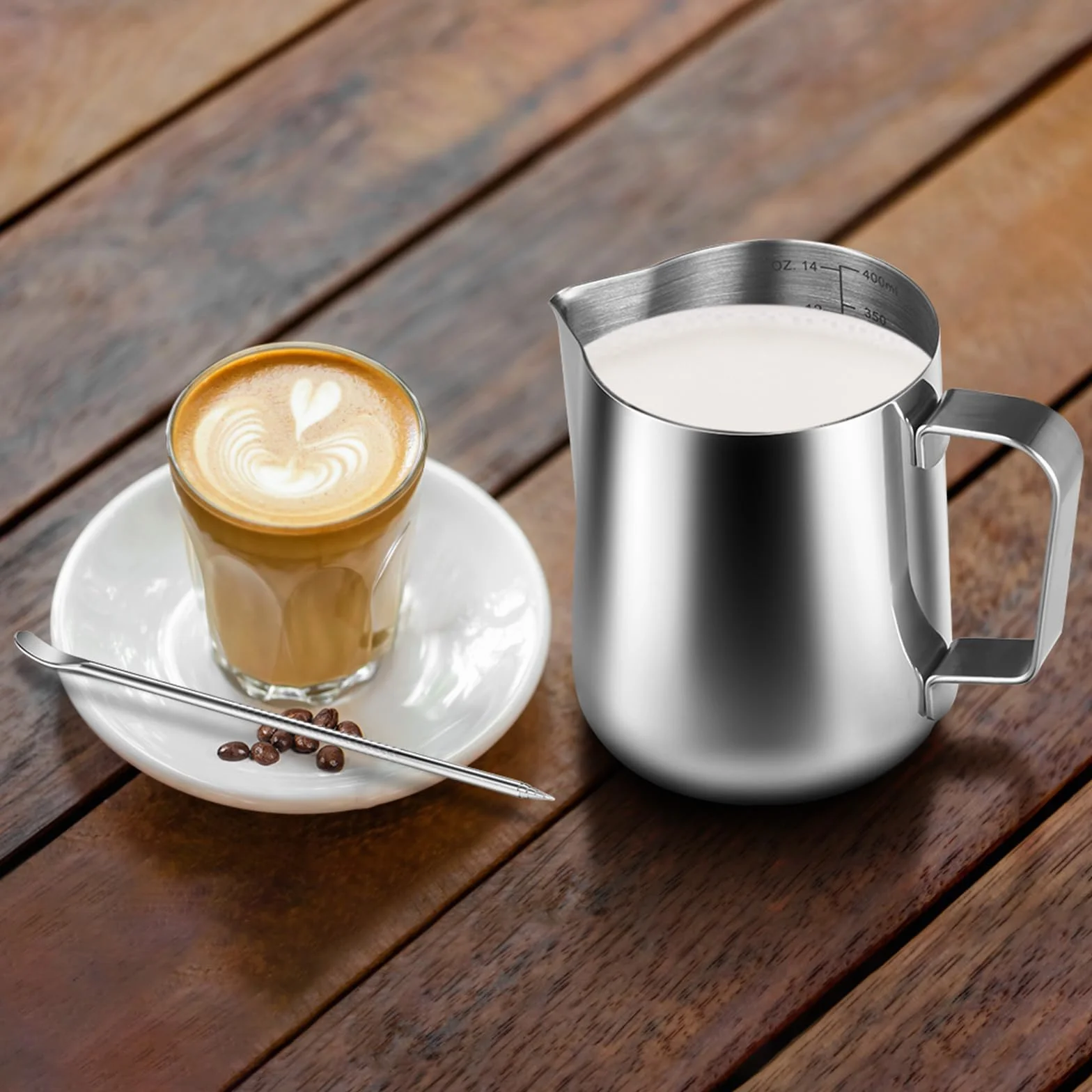 anpro Pojemnik na mleko 400 ml/14 fl. oz. Milk Pitcher dzbanek na mleko ze stali nierdzewnej, idealny do cappuccino, spieniacz do mleka, srebrny