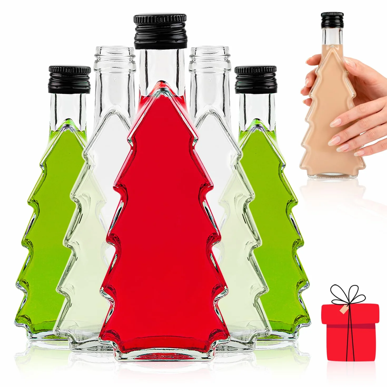 Szklane butelki choinkowe 250 ml – 5 sztuk – puste szklane butelki z korkiem do napełniania likierów, nalewek, syropów lub prezentów (drzewko bożonarodzeniowe 250 ml x 5 sztuk)