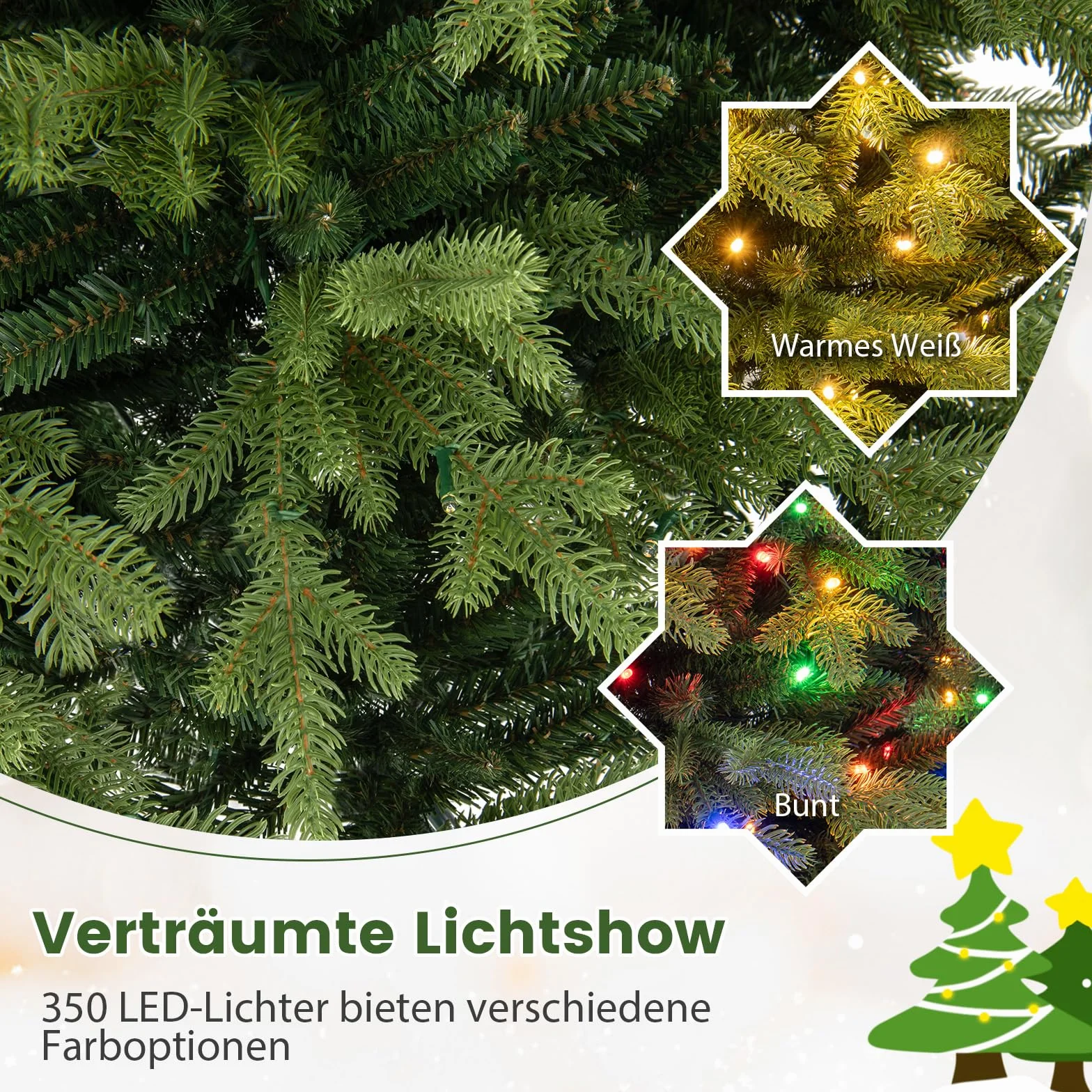 COSTWAY Sztuczna Choinka 150/180 cm z Oświetleniem LED, Podświetlana Bożonarodzeniowa z 11 Trybami Świecenia, Wielokolorowa i Ciepła Biel, Do Domu, Biura