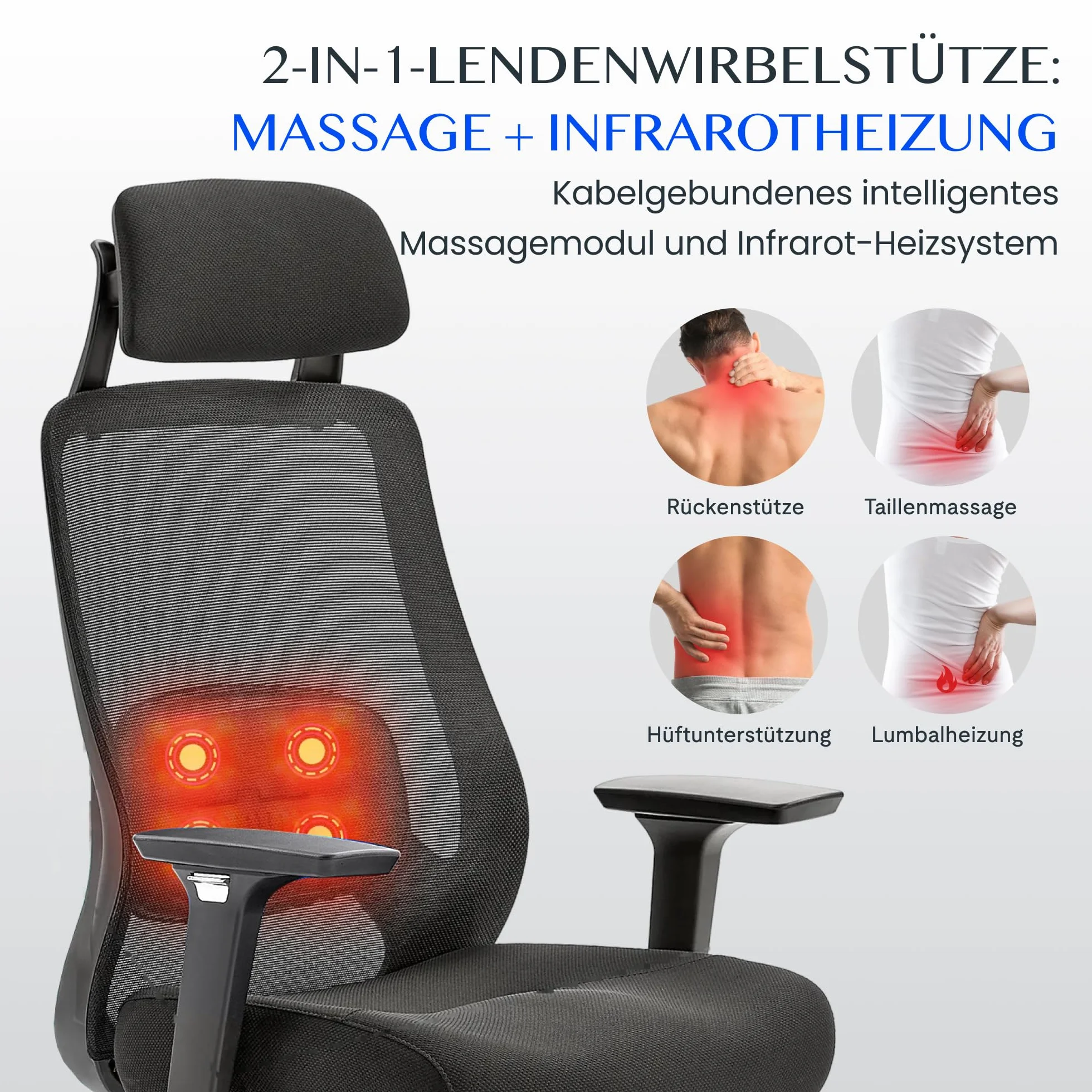 FLEXISPOT MasterEase Masażowe Krzesło Biurowe z Podnóżkiem i Gumowymi Kółkami, Ergonomiczne Krzesło Biurowe z 2D Wsparciem Lędźwiowym z Funkcją Grzania i Masażu (Czarny (z podnóżkiem PLUS kołami))