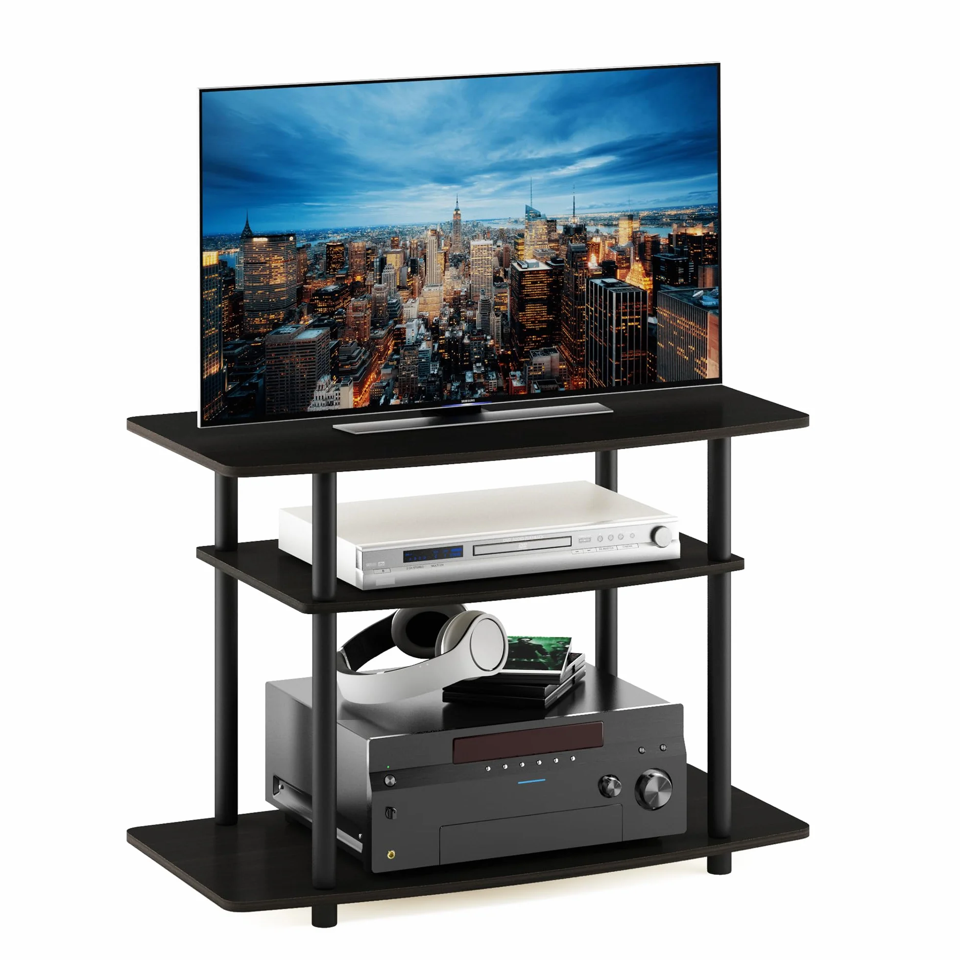 Furinno No Tools 3-poziomowy stojak do centrum rozrywki, stojaki pod telewizor, półka na telewizor, espresso/czarny
