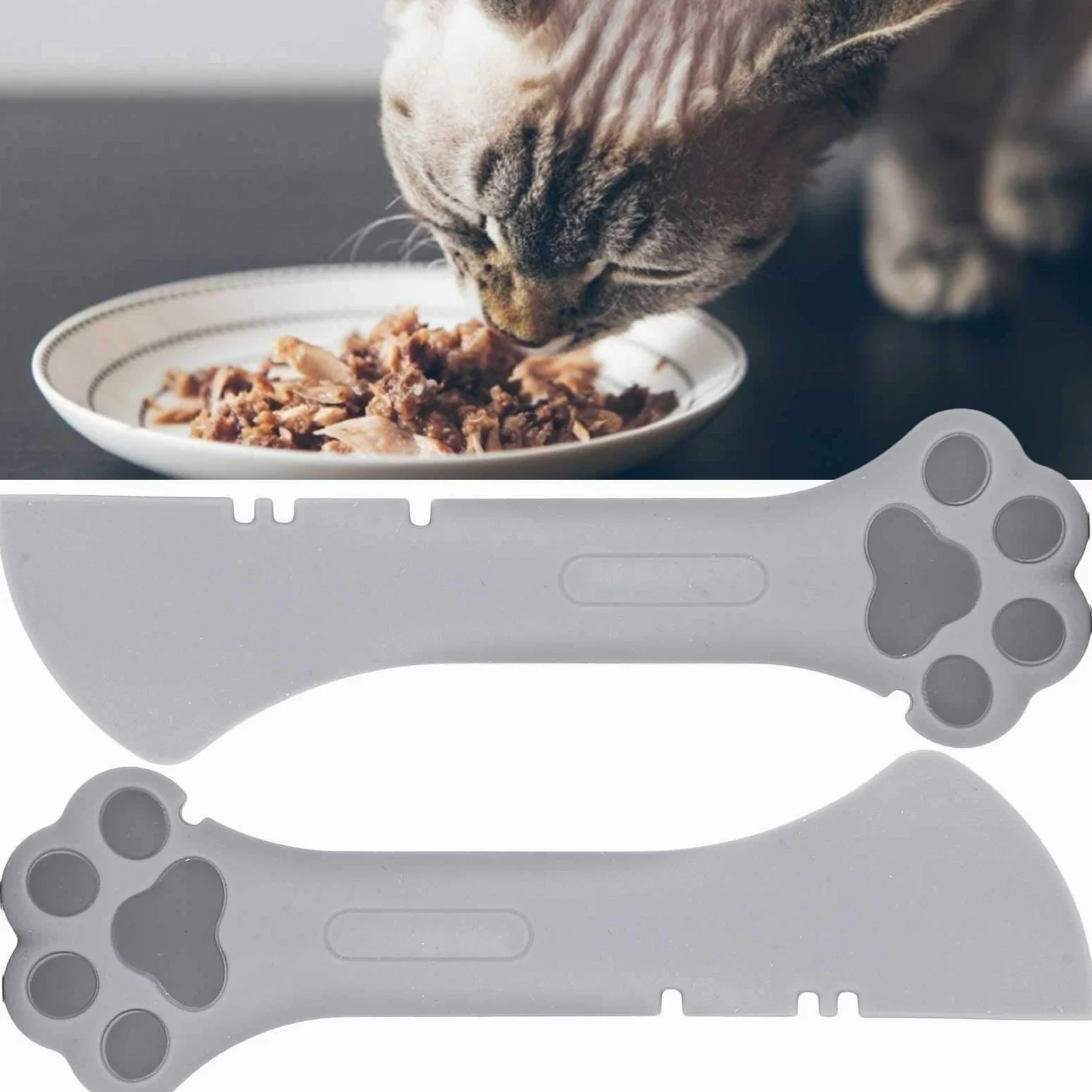 2PCS Wielofunkcyjny Kot Pet Can Otwieracz do żywności Silikonowy Lekka łyżka dla Psa, Urocza Szpatułka Miksująca łyżki z Mini Mokrej Puszki (GRAY)