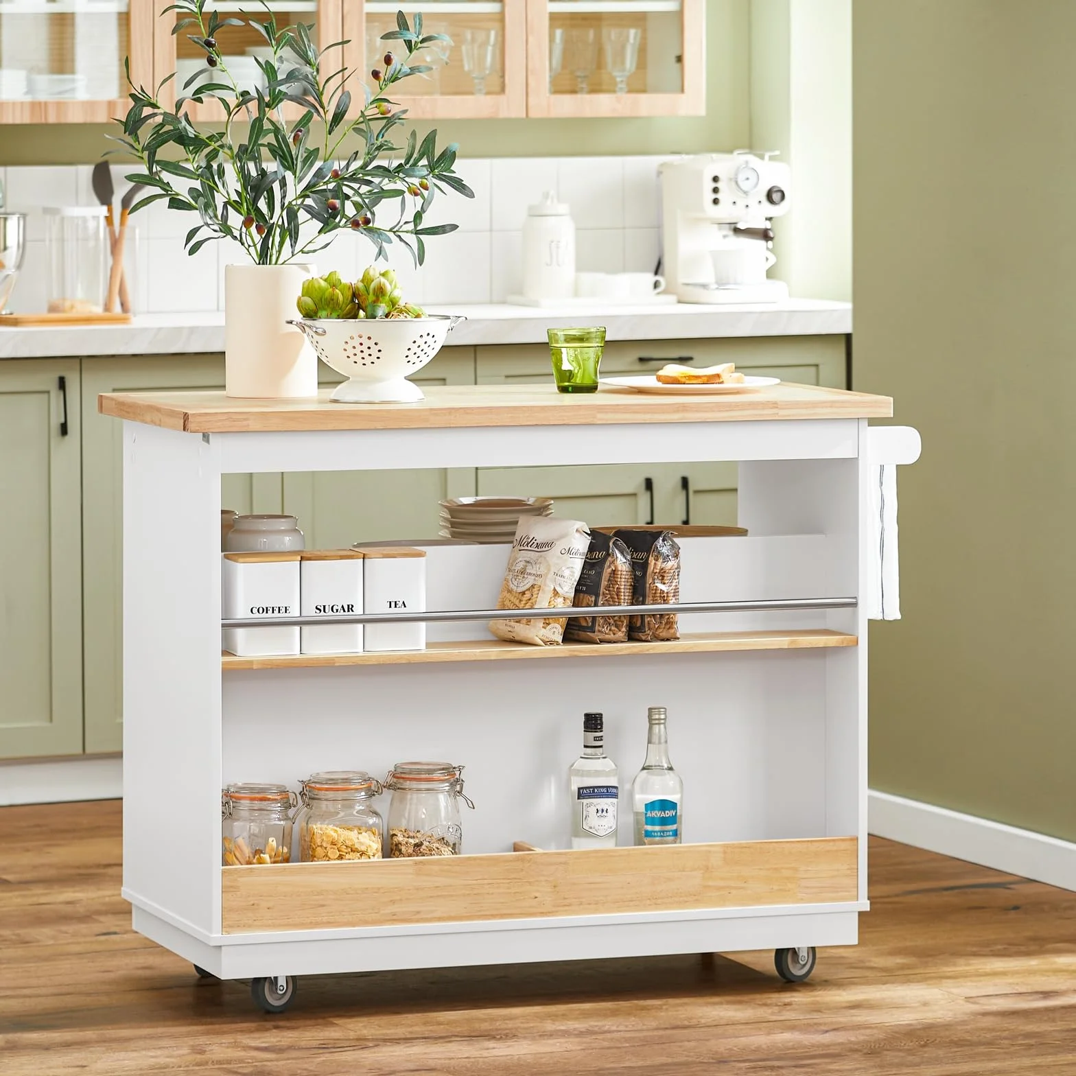 SoBuy FKW107-II-WN Wyspa kuchenna Szafka kuchenna na kółkach Z z 2 szufladami 110 x 91x 55 cm