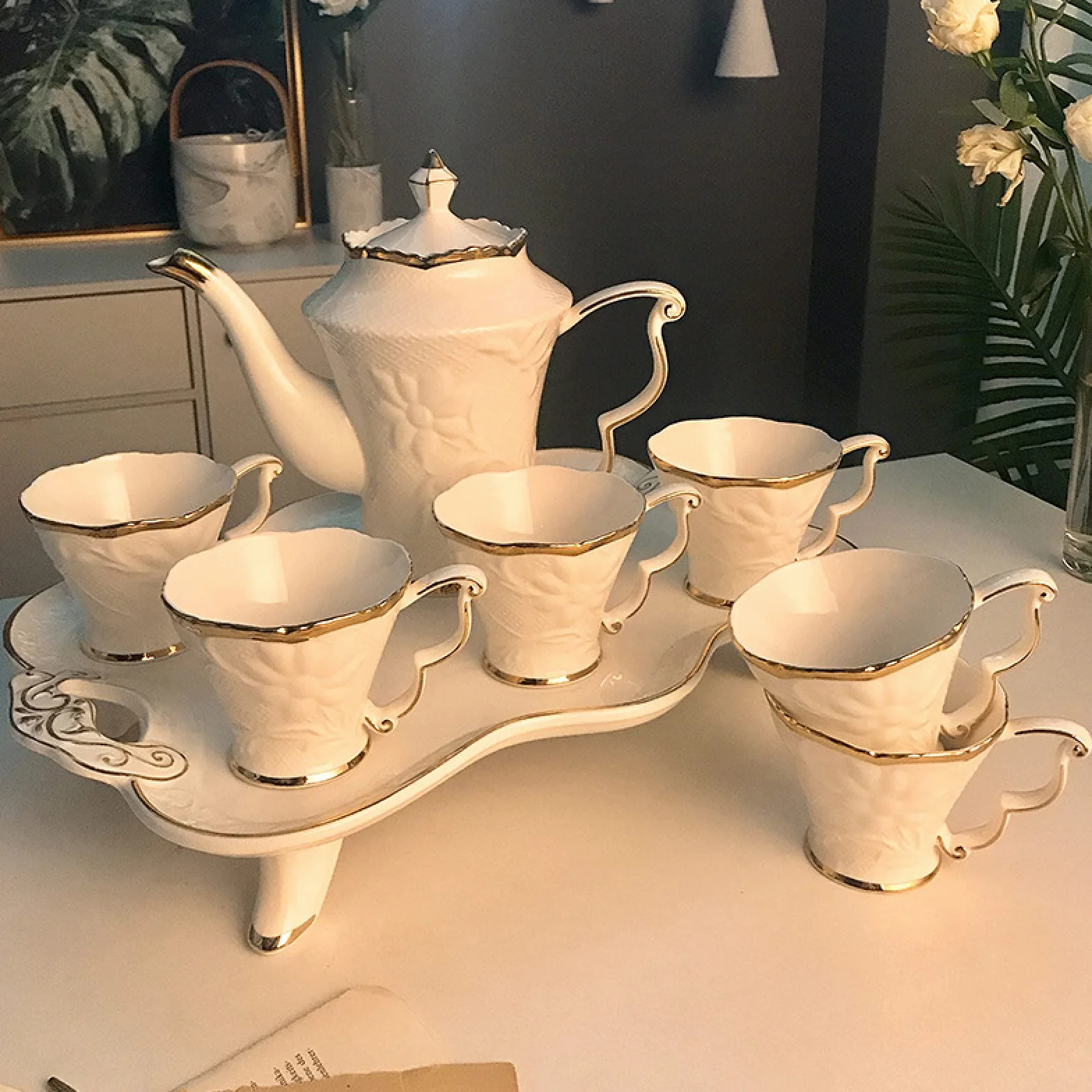 Herbaty i talerze, Filiżanka do kawy i spodek Zestaw do herbaty dla dorosłych Zestaw do herbaty z czajnikiem Porcelanowy serwis do podwieczorku Herbata kwitnąca