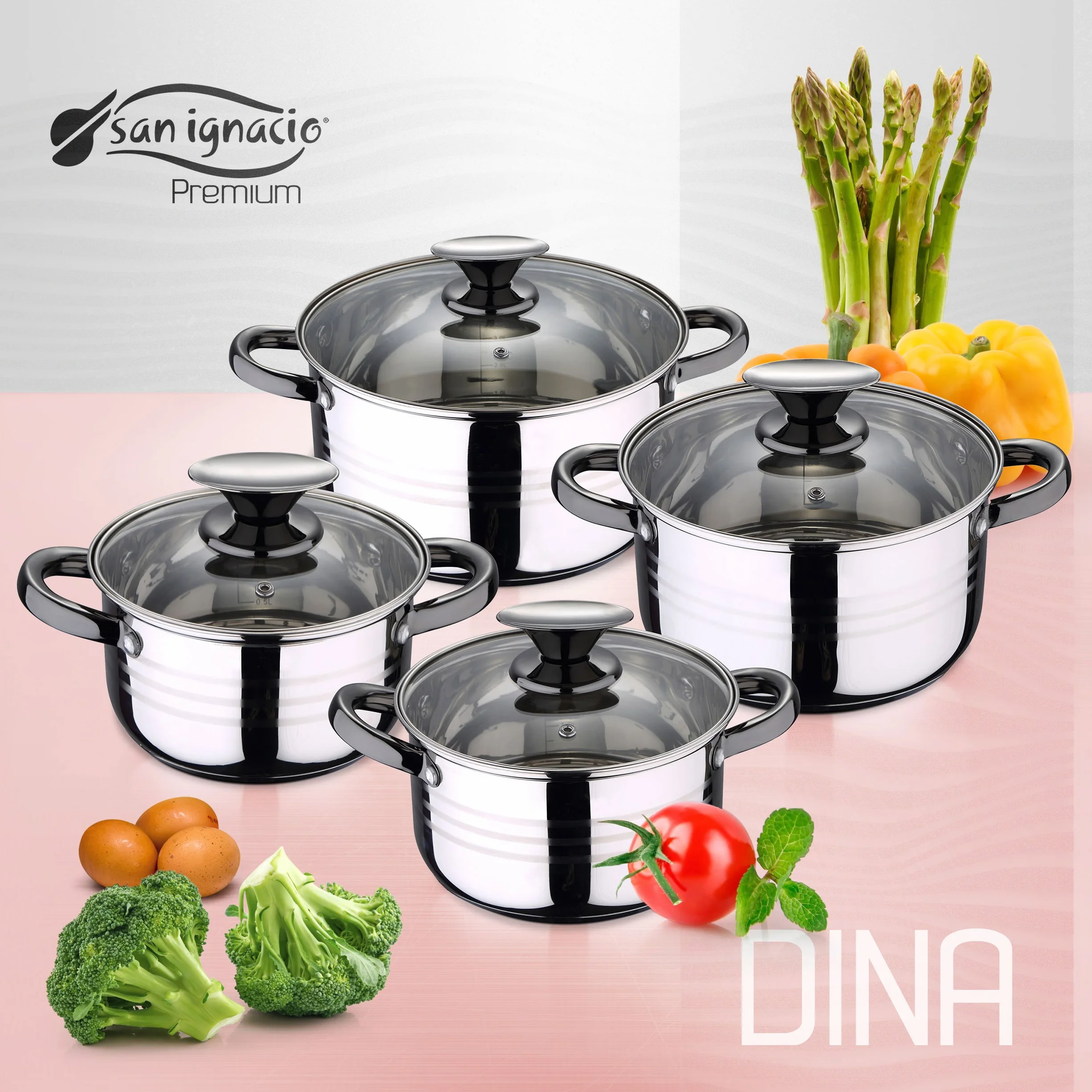 Bateria kuchenna 8 sztuk SAN IGNACIO Dina, stal nierdzewna, zestaw patelni (16/20/24 cm) SAN IGNACIO Paradise z tłoczonego aluminium