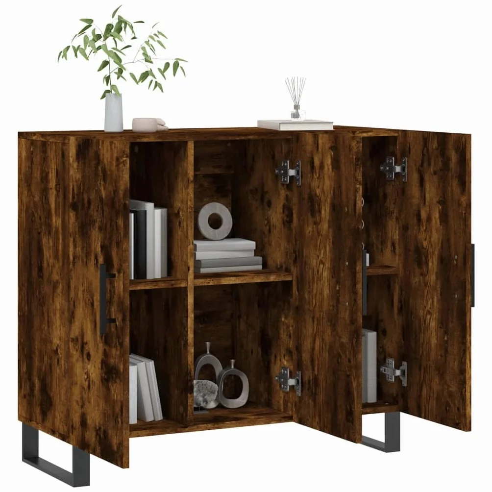 Générique Nowoczesny bufet wędzony dąb 90x34x80 cm, Meble do salonu z drewna konstrukcyjnego z metalowymi nogami, duża przestrzeń do przechowywania i praktyczne drzwi