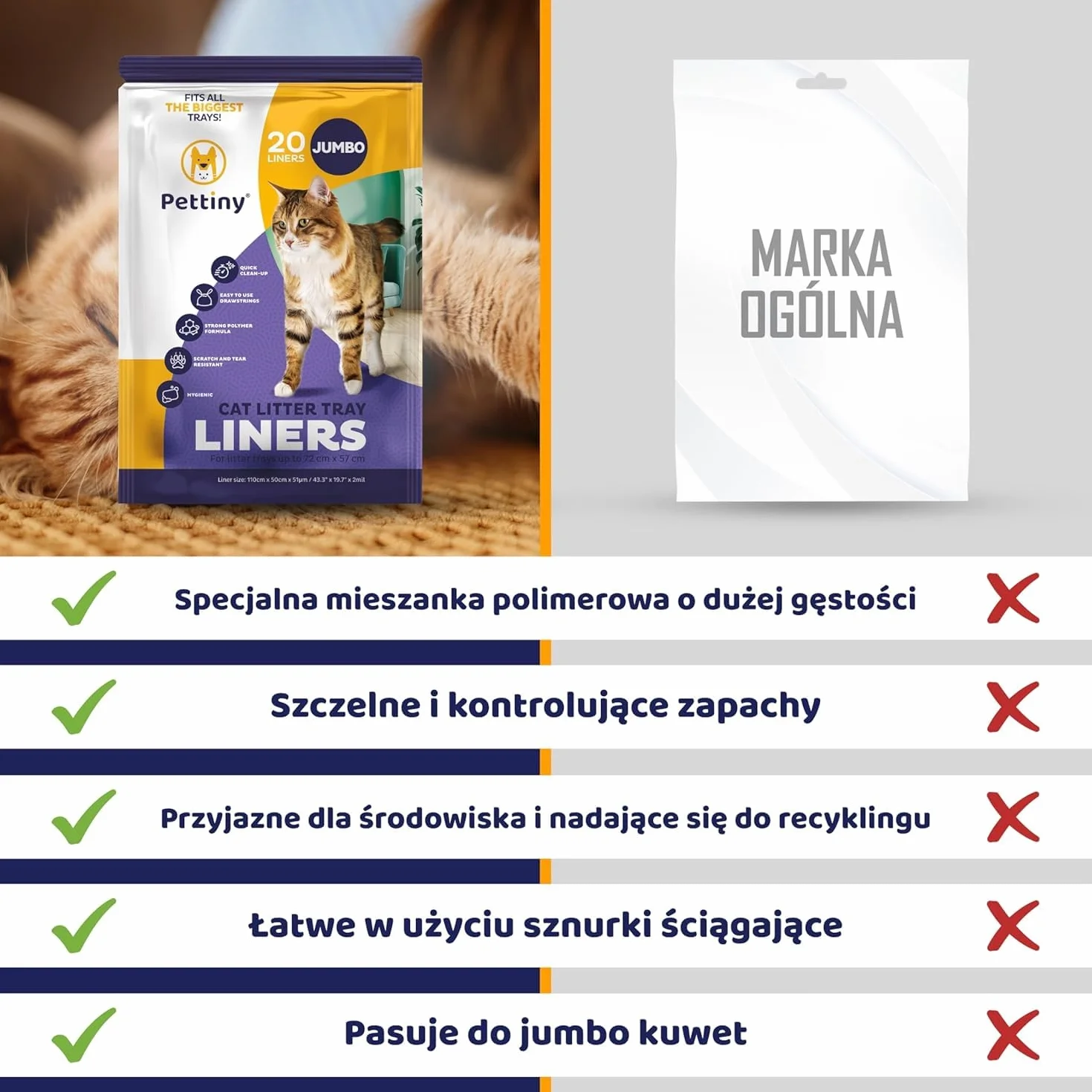 Pettiny Jumbo Worki do Kuwety z Taśmami – Opakowanie 20 Torb Odpornych na Zadrapania do Wielkich Kuwet