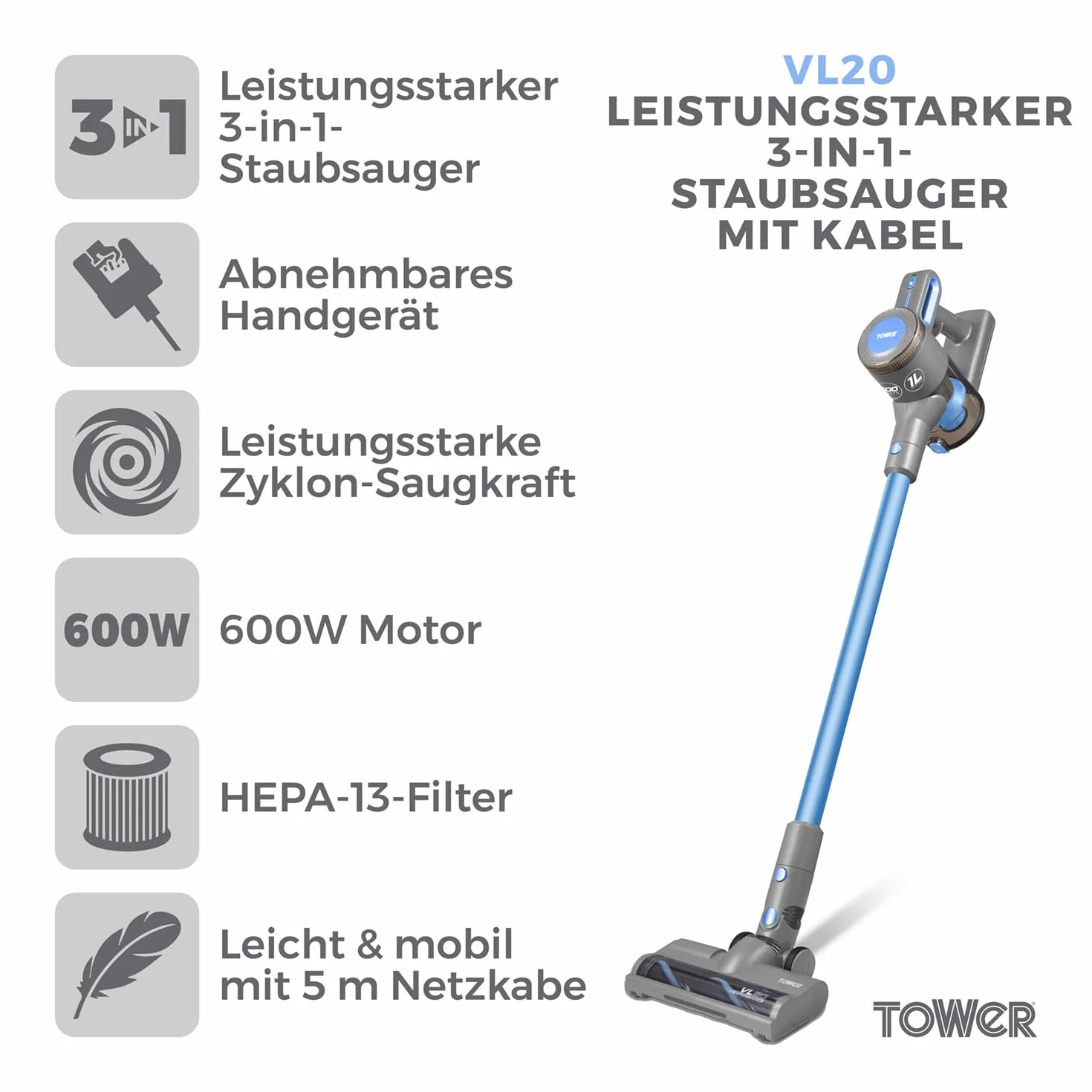Tower T513006 VL20 3 w 1 wydajność przewodowa próżniowa z filtrem HEPA, pojemność 1 l, 400 W, Aqua Blue