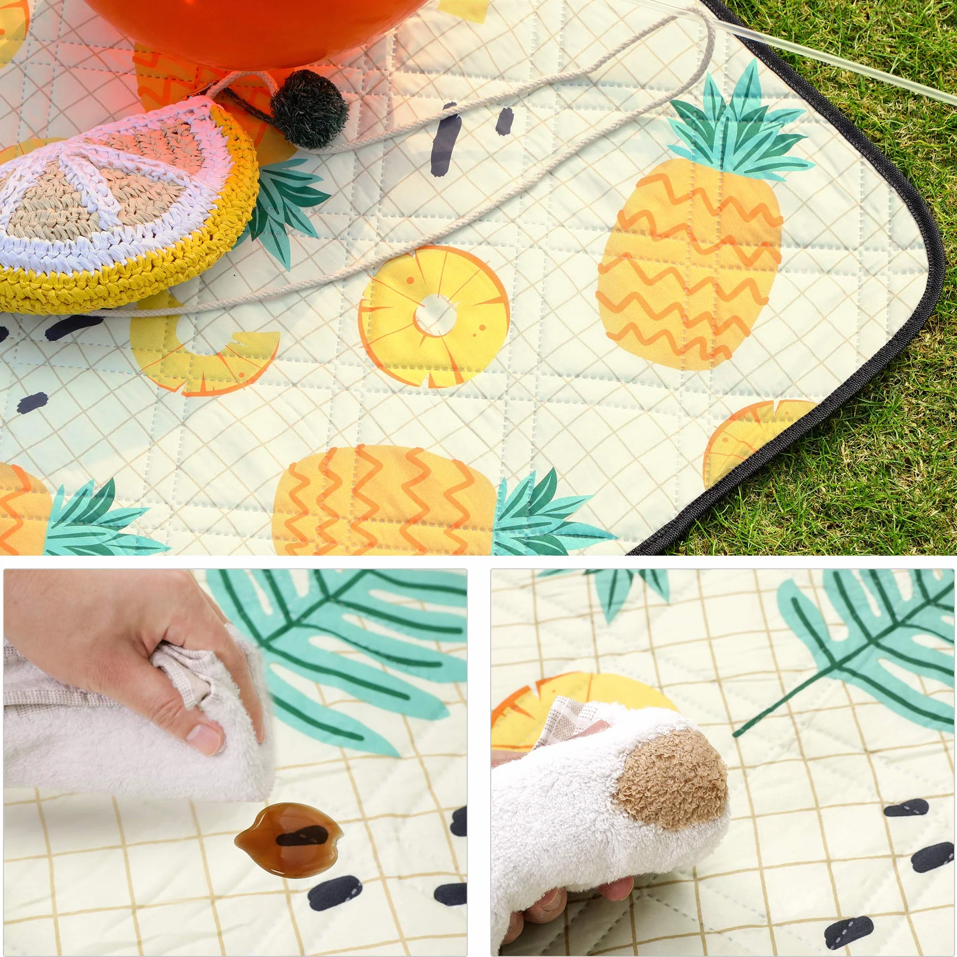 SONGMICS Couverture de Pique-Nique, 200 x 200 cm, Tapis de Plage, Grand, pour Camping, Parc, Cour, extérieur, Surface imperméable, Lavable en Machine, Pliable, Motif Ananas GCM087Y01