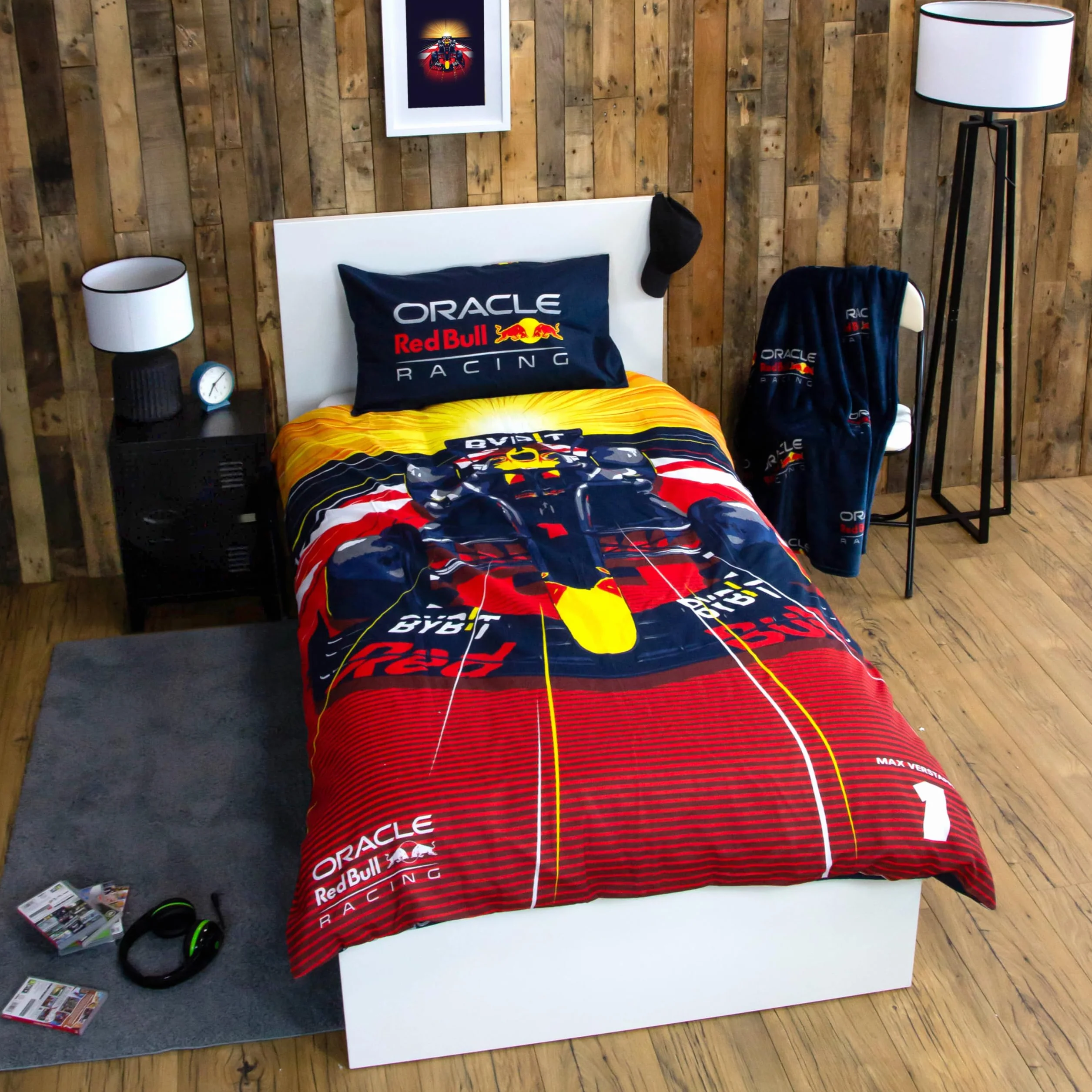 Character World Oracle Red Bull Racing oficjalny zestaw poszewek na kołdrę | Speed Design dwustronna dwustronna pościel z pasującą poszewką na poduszkę zestaw na łóżko pojedyncze | bawełna poliestrowa