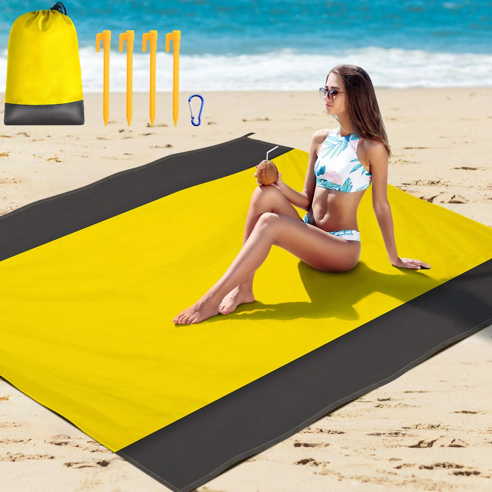 Koc plażowy nieprzepuszczający piasku XXL 210x200 cm - Nieprzepuszczająca i antypiaskowa mata plażowa na plażę, kemping, piknik lub podróże - Idealna na plażę, Lekka i wytrzymała