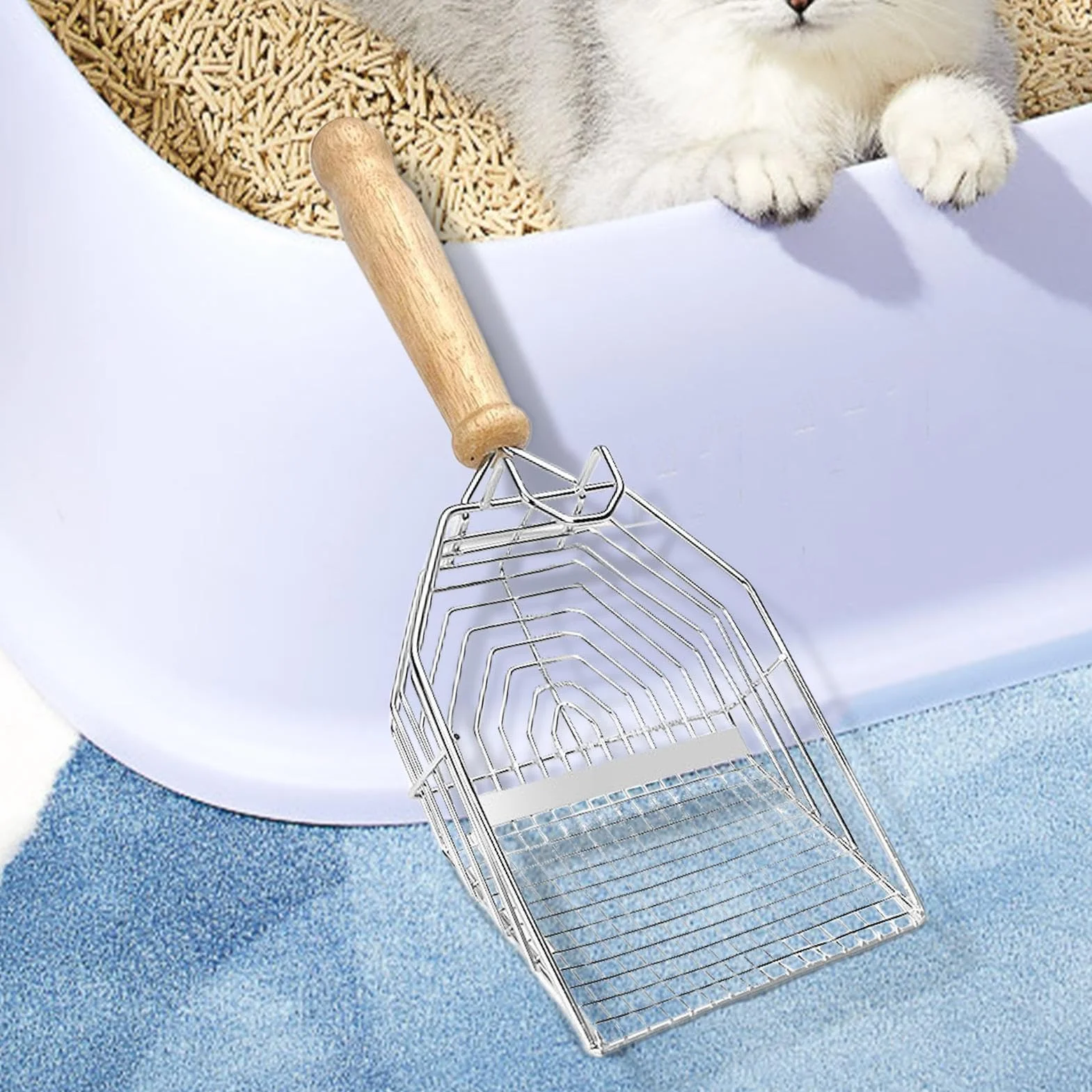 Kitty Scooper Długa rączka Litter Sifter, stal nierdzewna, łyżka do butów dla kota, 11,57 x 4,53 x 2,2 cala, Biały