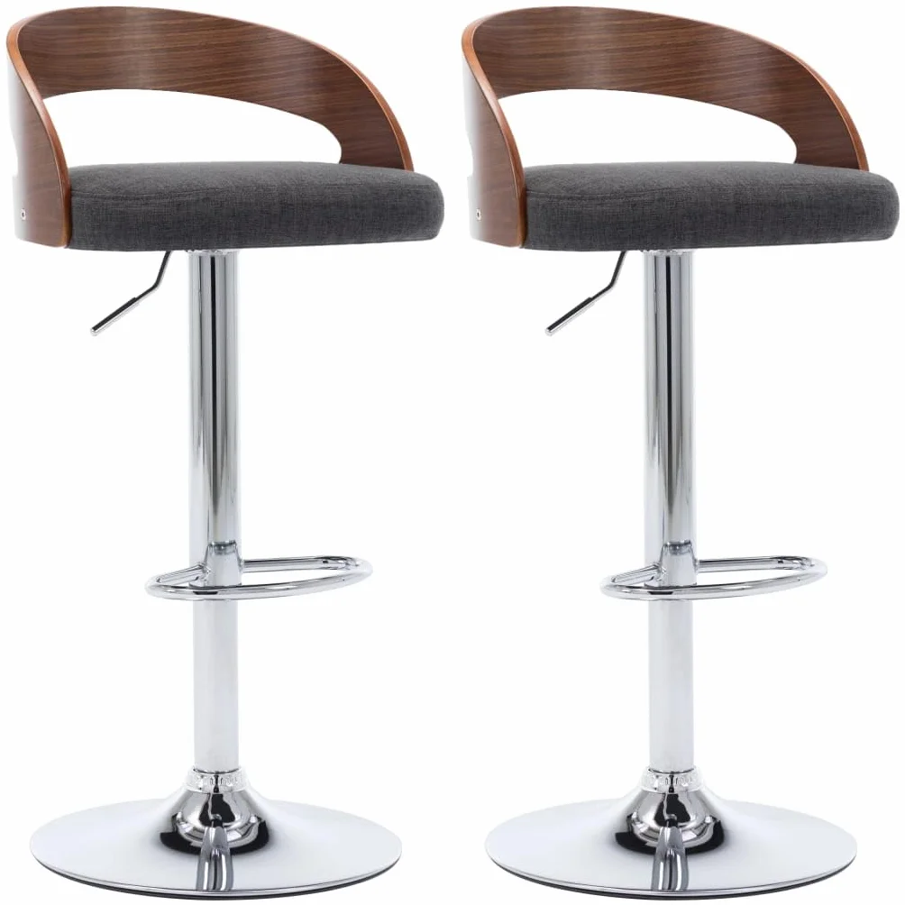 Zestaw 2 stołków barowych, ciemnoszare, krzesła z tkaniny i zakrzywionego drewna, regulowana wysokość z podnóżkiem, wytrzymała metalowa rama, nowoczesny design do kuchni lub pokoju
