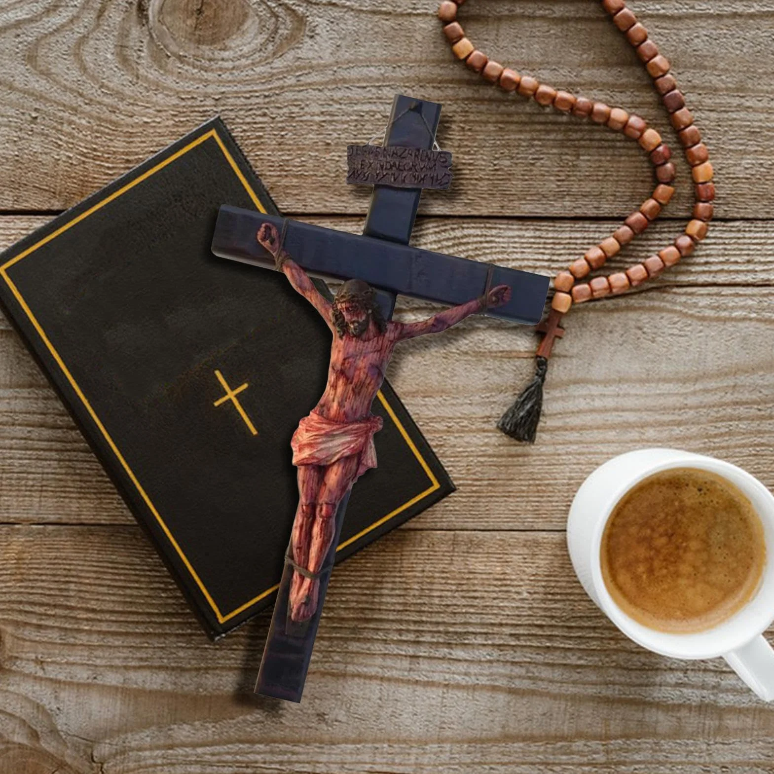 Wall Crucifix, Handmade Christian Decor, Religious Collectible Figurine, Sturdy Craftsmanship, Detailed Passion Design, Ideal for Meditation and Prayer, 8.07 Inches, Brown, 1 Piece