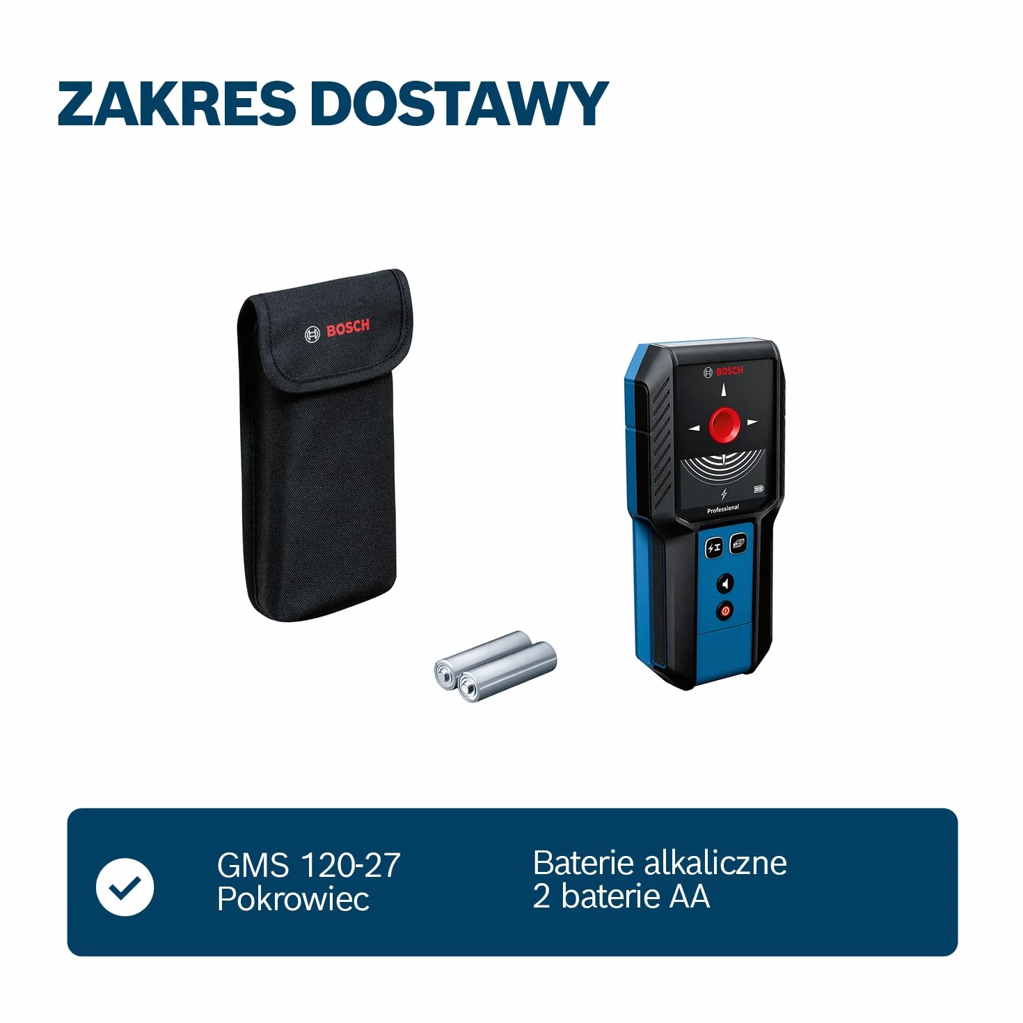 Bosch Professional: detektor GMS 120-27(przewód USB-C, maks. głębokość detekcji metali niemagnetycznych/metali magnetycznych/przewodów pod napięciem/drewna: 120/100/50/30 mm, 2 baterie AA, pokrowiec)