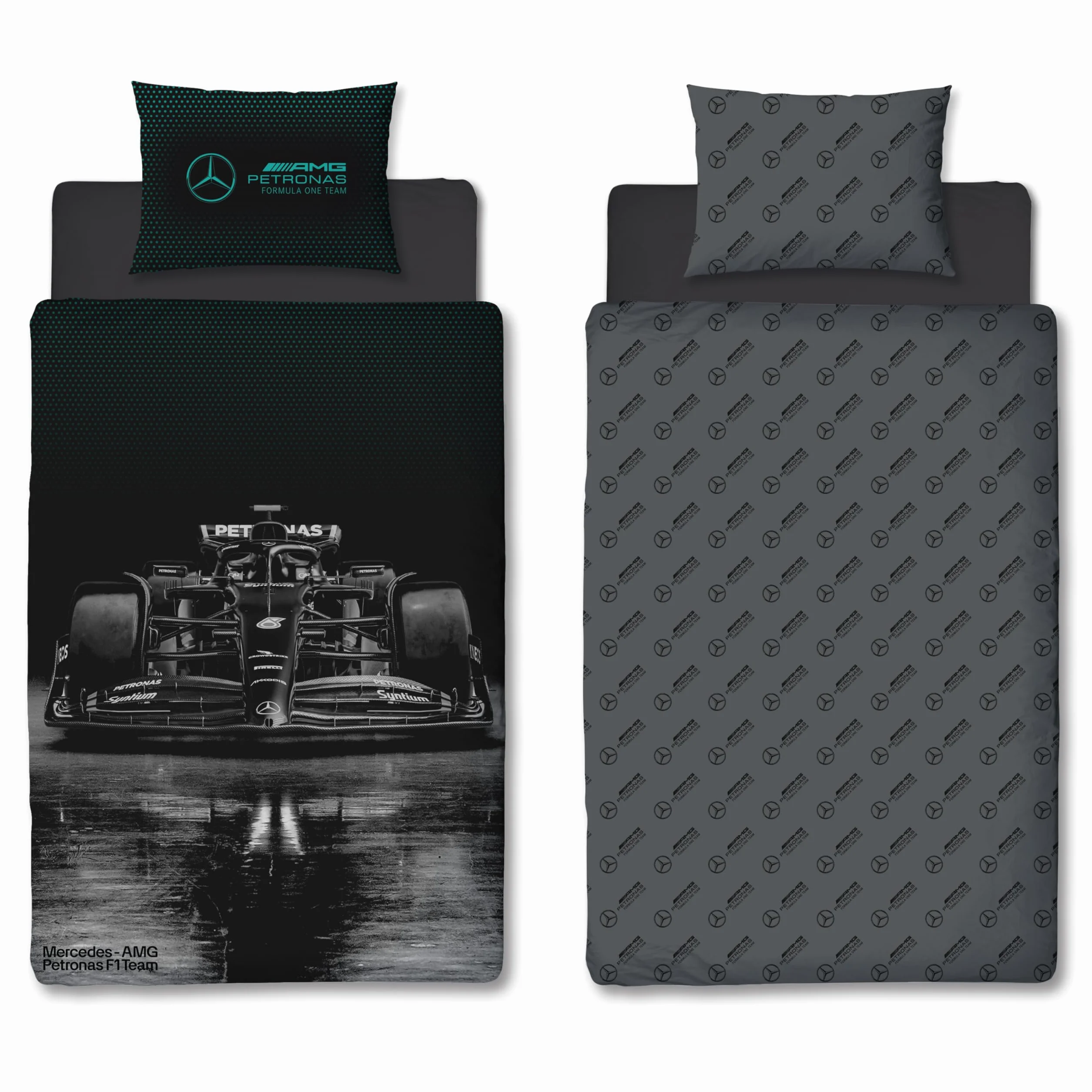 Character World Oficjalny zestaw poszewek na kołdrę Mercedes AMG Petronas, wzór Stealth, czarna, dwustronna, formuła, 1, oficjalny produkt, w tym pasująca poszewka na poduszkę