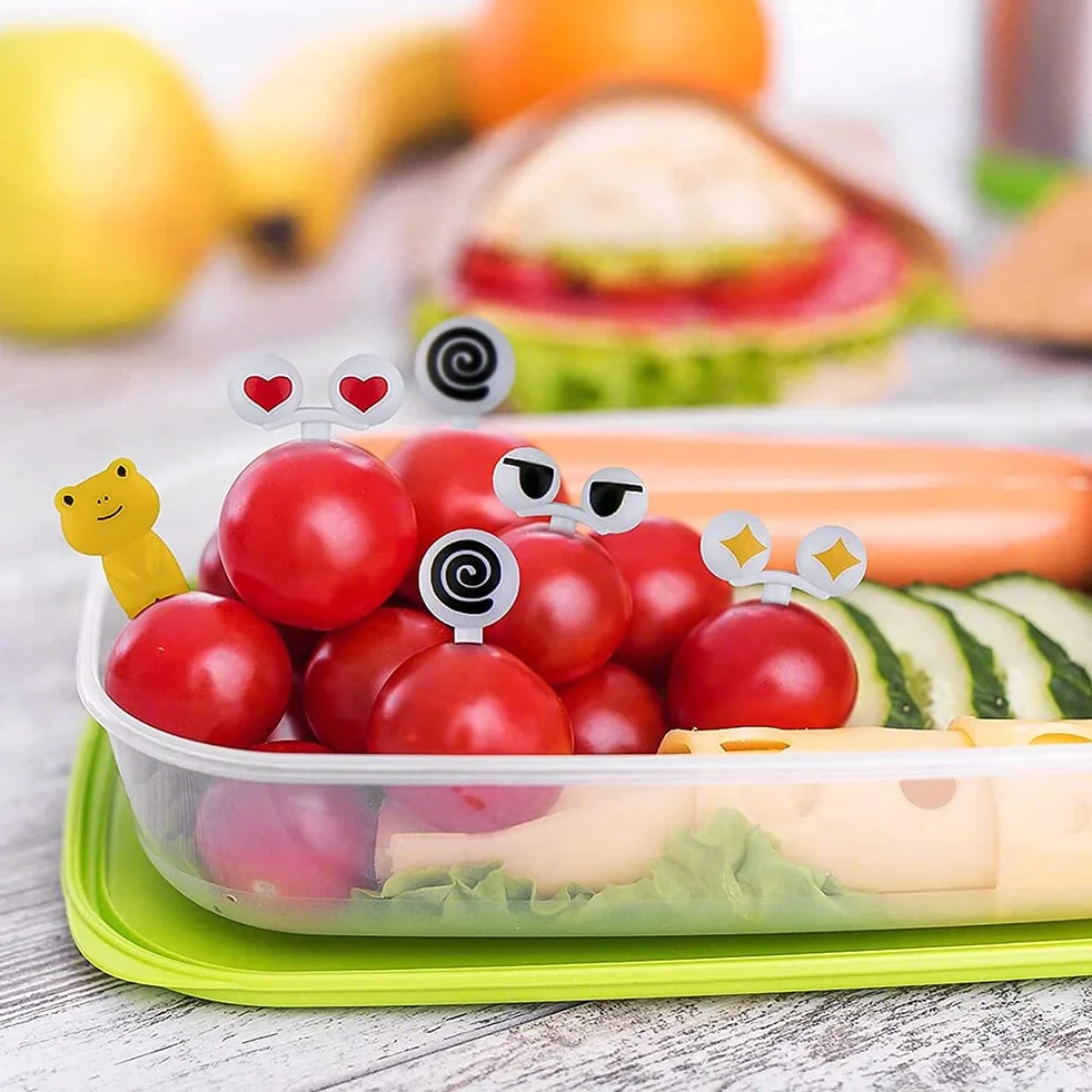60 sztuk mini widelców z rysunkami zwierząt i owoców z tworzywa sztucznego, 8 rozmiarów, widelce do szaszłyków, do fingerfoodu, widelce owocowe, wielokrotnego użytku, zębatki owocowe do pudełka na