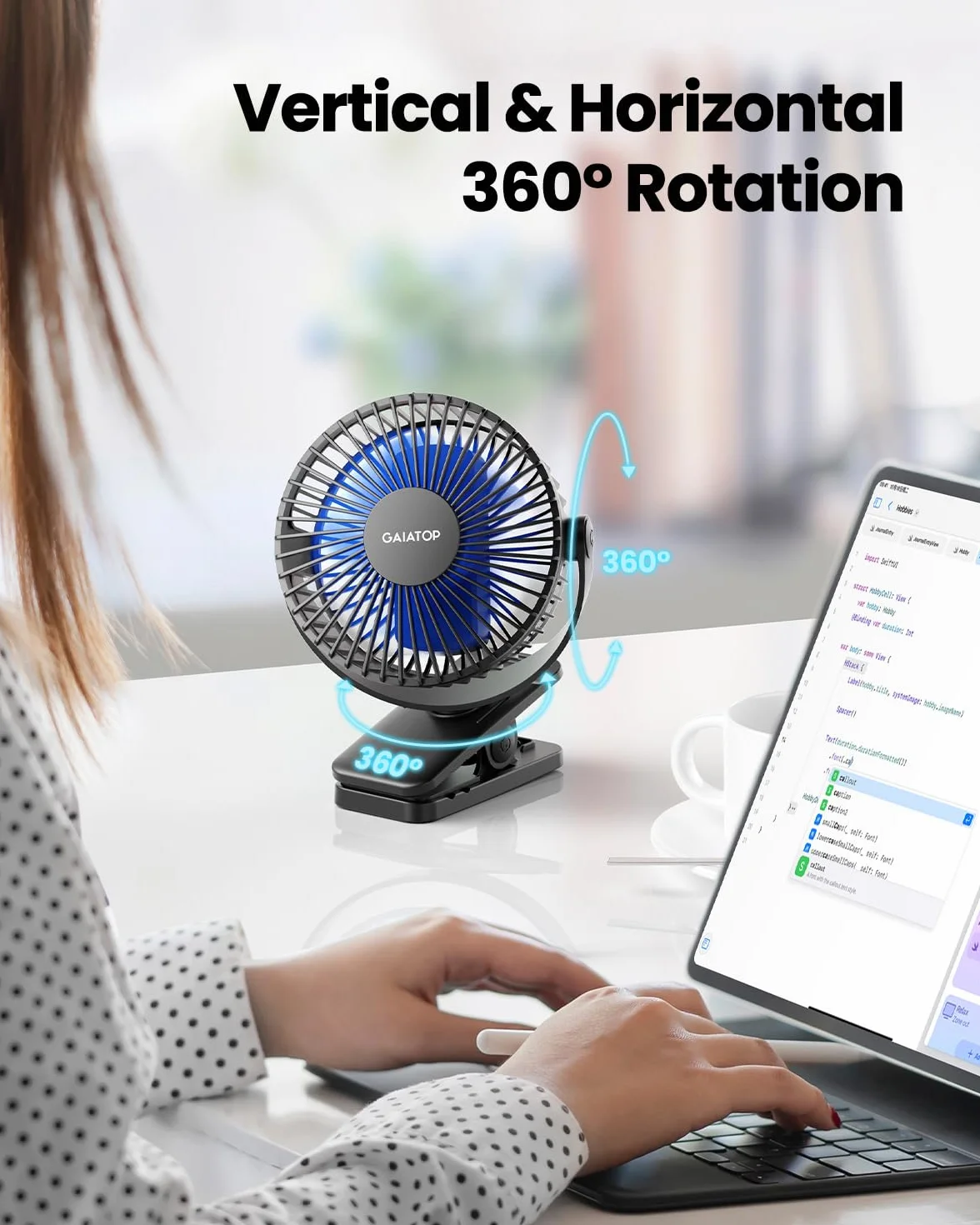 Gaiatop Przenośny wentylator na zatrzask, zasilany bateriami, mały, wydajny wentylator biurkowy USB, 3 prędkości, mini wentylator stołowy do ponownego ładowania, czarny, niebieski, (CF40)