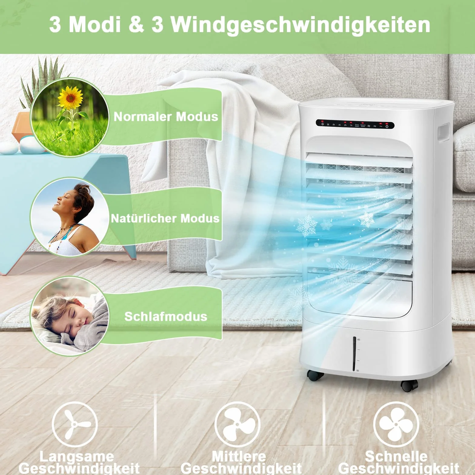 COSTWAY Mobilny cichy klimatyzator bez węża wylotowego, nawilżacz powietrza i wentylator 3 w 1, z 3 trybami, zbiornik na wodę 10 l, 2 wkłady chłodzące, timer 15-godzinny, pilot, do domowego biura