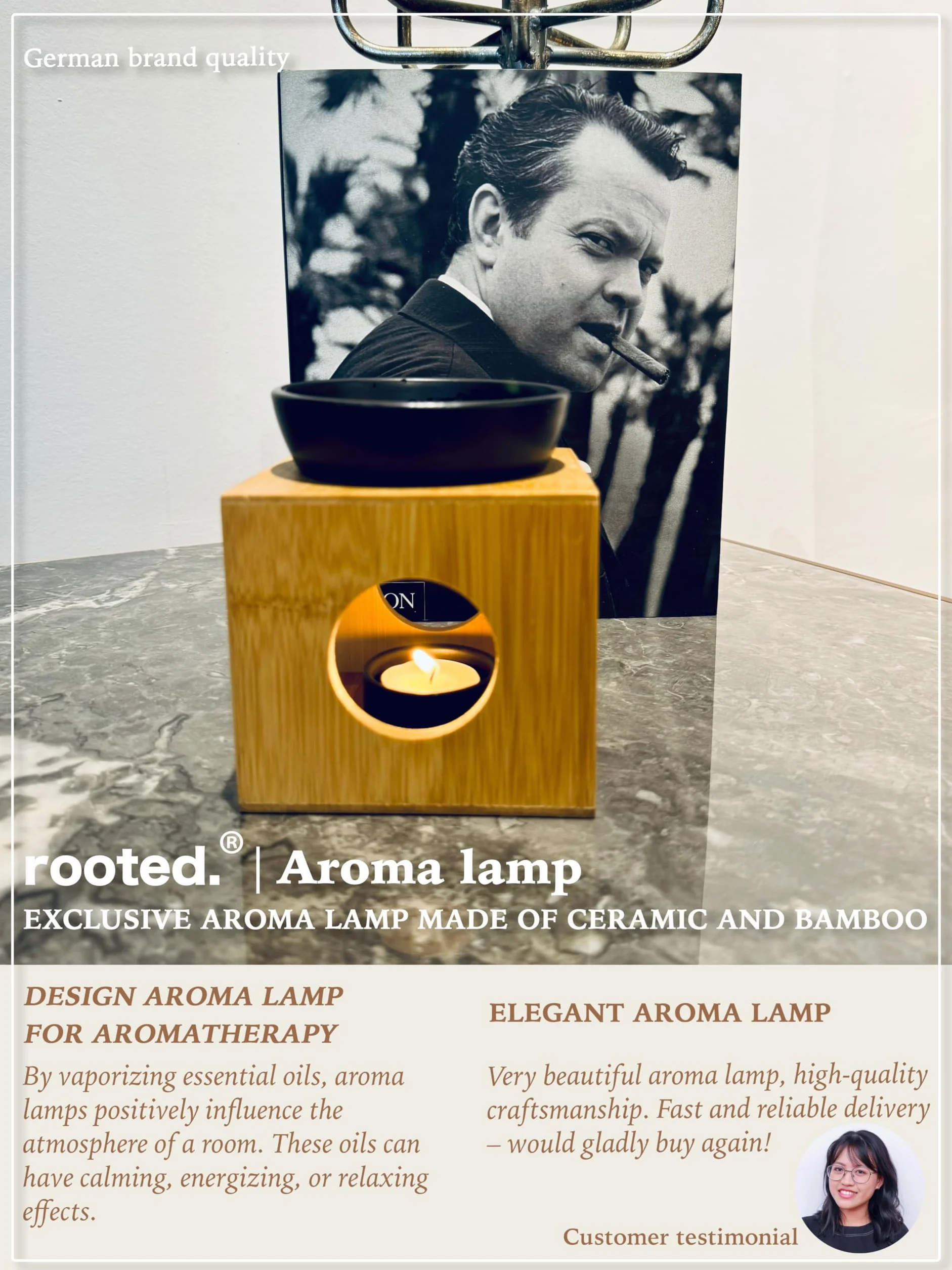 rooted.® | Lampa zapachowa Bamboo Teelicht | Designowa lampa zapachowa z bambusa i ceramiki | Drewniana podstawka na olejki eteryczne, olejki zapachowe i wosk zapachowy | Naturalna i matowa czarna |