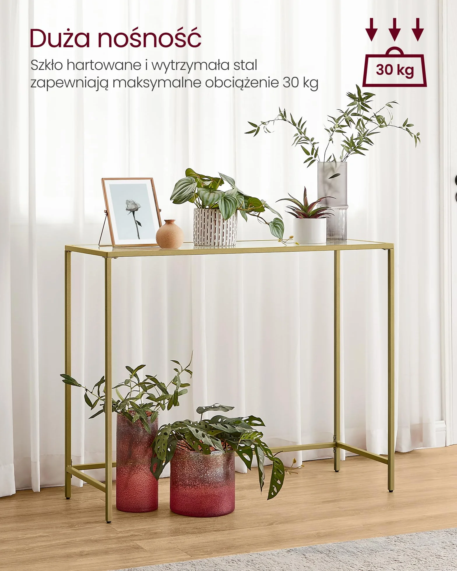VASAGLE Stolik konsolowy, stolik ze szkła hartowanego, nowoczesna sofa lub stolik wejściowy, metalowa rama, stabilne, regulowane nóżki, do salonu, korytarza, złoty LGT26G