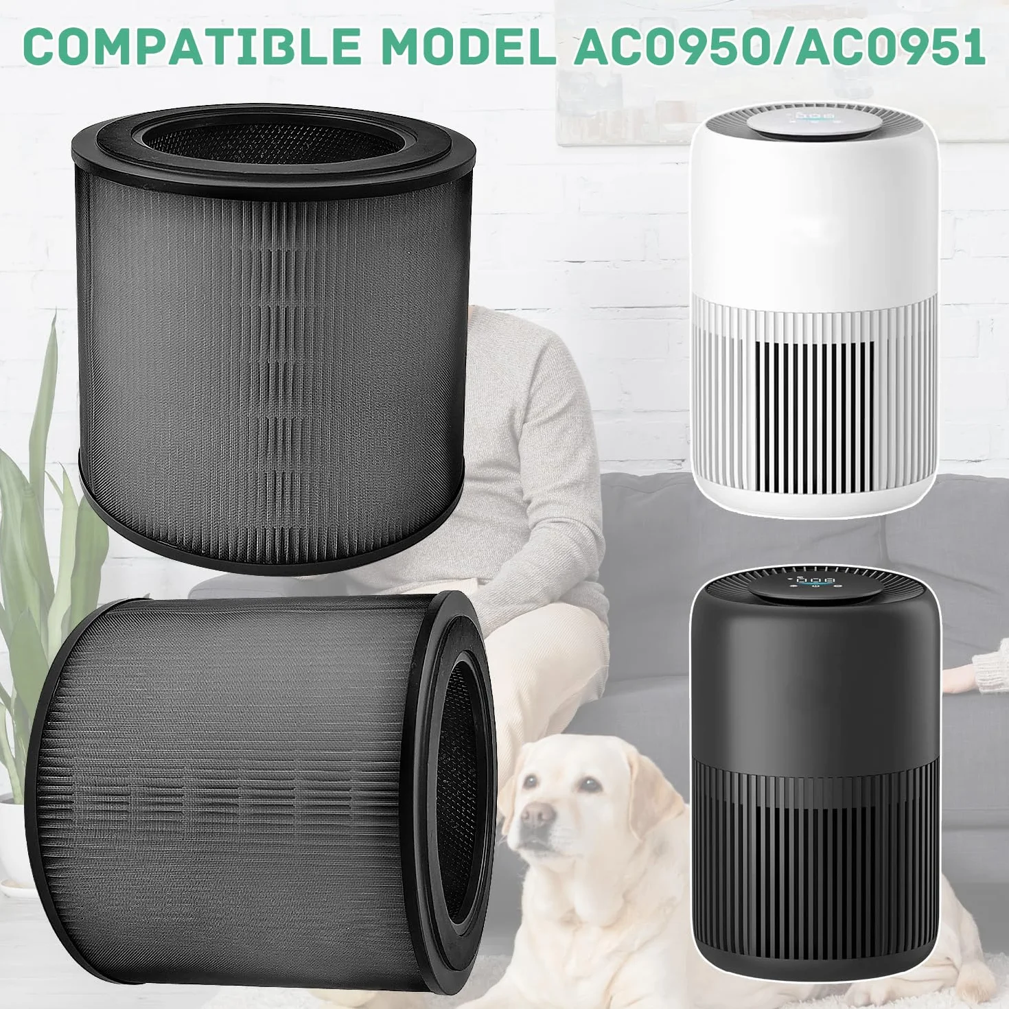 2 filtry HEPA kompatybilne z Philips AC0950 AC0951, filtr wymienny, wysoce wydajna filtracja, czyste powietrze, nadaje się do domu, hotelu, biura (czarny)