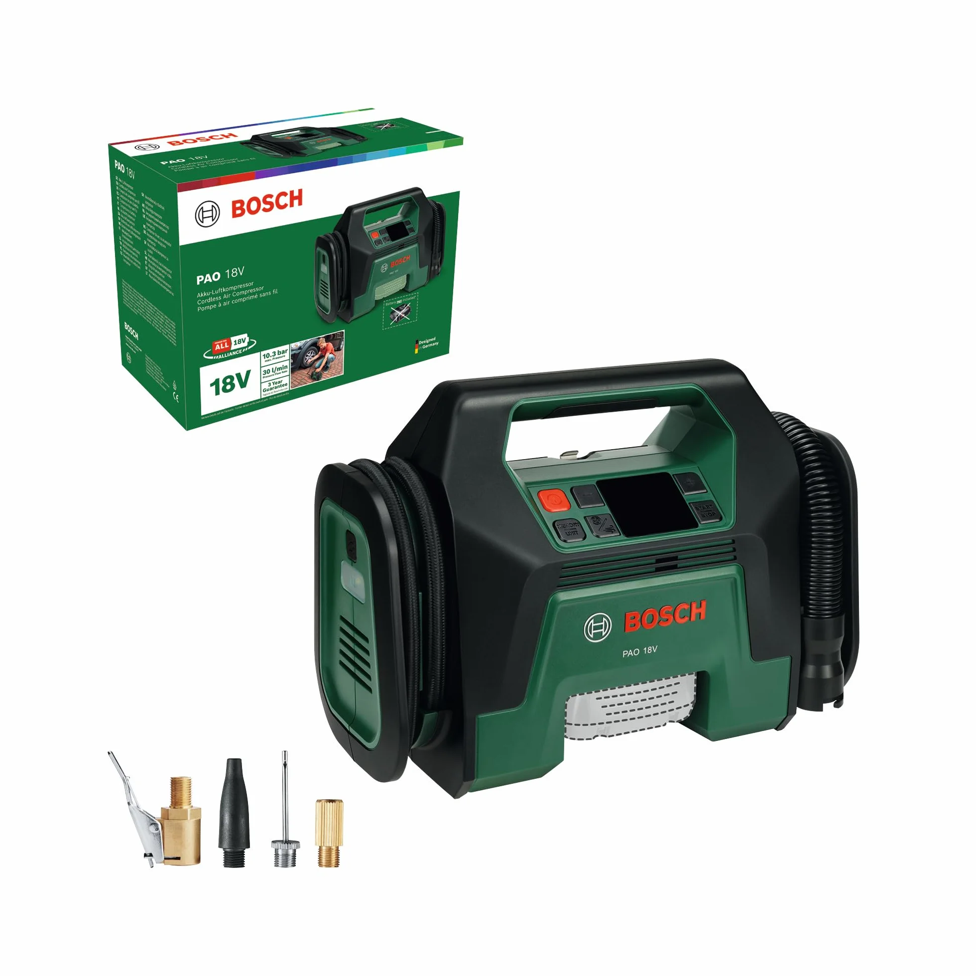 Bosch Pompka akumulatorowa PAO 18V (od opon do dużych akcesoriów dmuchanych, zawór zaciskowy do opon samochodowych, zawór Presta, igła do pompowania piłek, adapter do szybkiego pompowania)