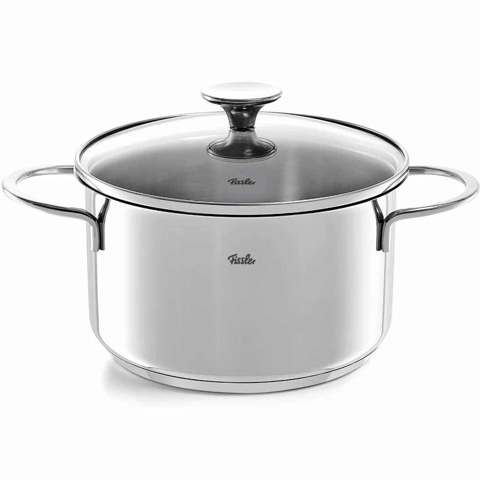Fissler Copenhagen 4-częściowy zestaw garnków ze stali nierdzewnej, garnki ze szklaną pokrywką, 3 garnki, 1 garnek do smażenia – indukcyjny