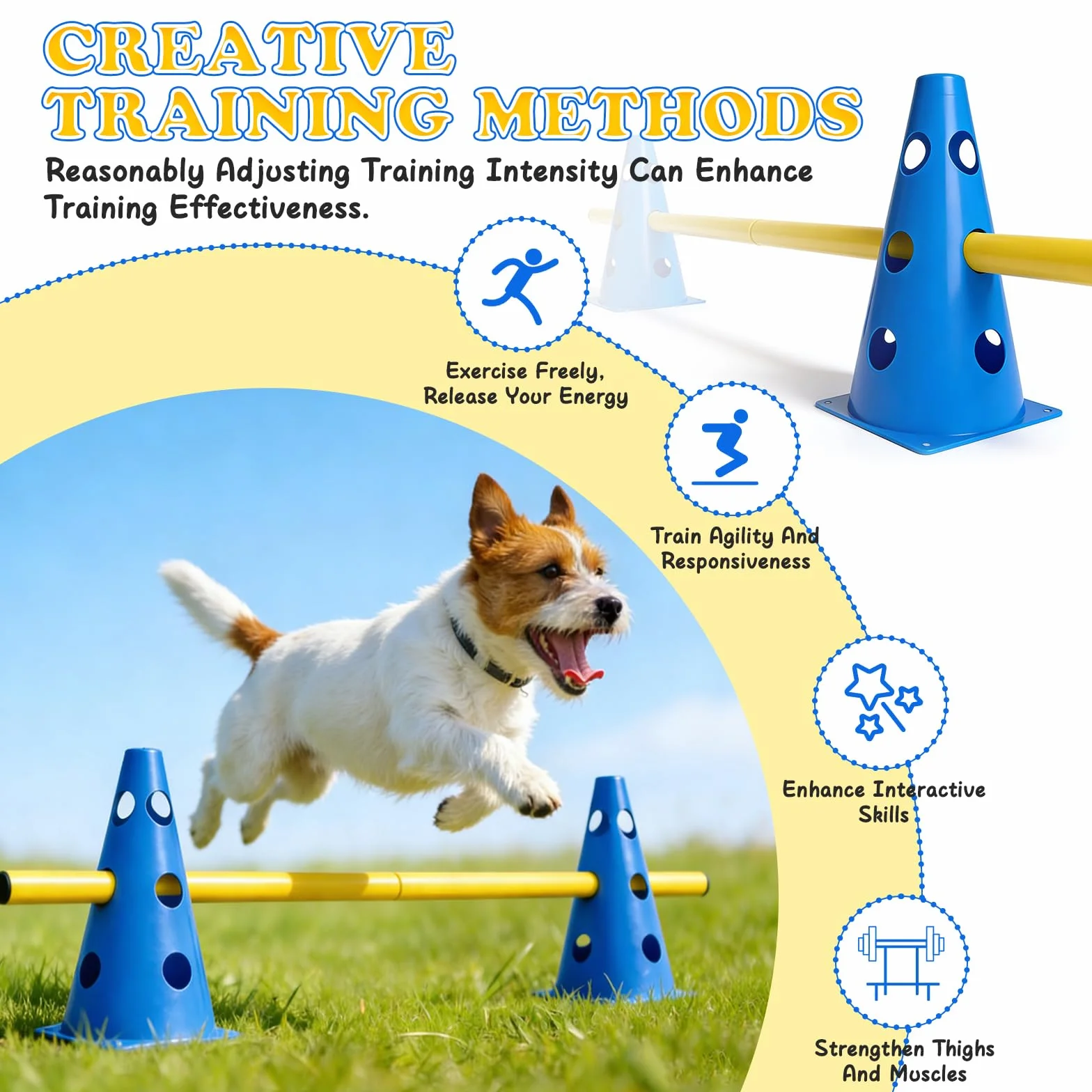 Agility Zestaw praktycznych przeszkód wtykowych dla psów, duże płotki Cavaletti, zestaw płotek dla, regulowane płotki do gry w piłkę nożną, sporty konne (8 stożków o wysokości 23 cm + 8 drążków