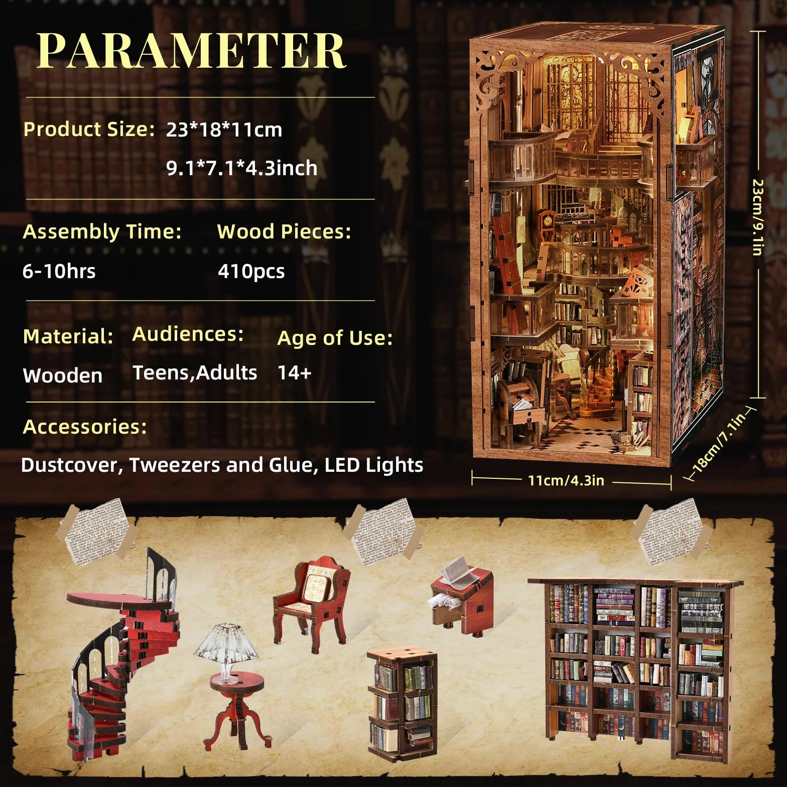 Zestaw MiniCity Book Nook, zestaw DIY do miniaturowego domku dla lalek Booknook, 3D puzzle z drewna, wkładka do książek, regał, dekoracja dla młodzieży i dorosłych (Biblioteka Abbey)