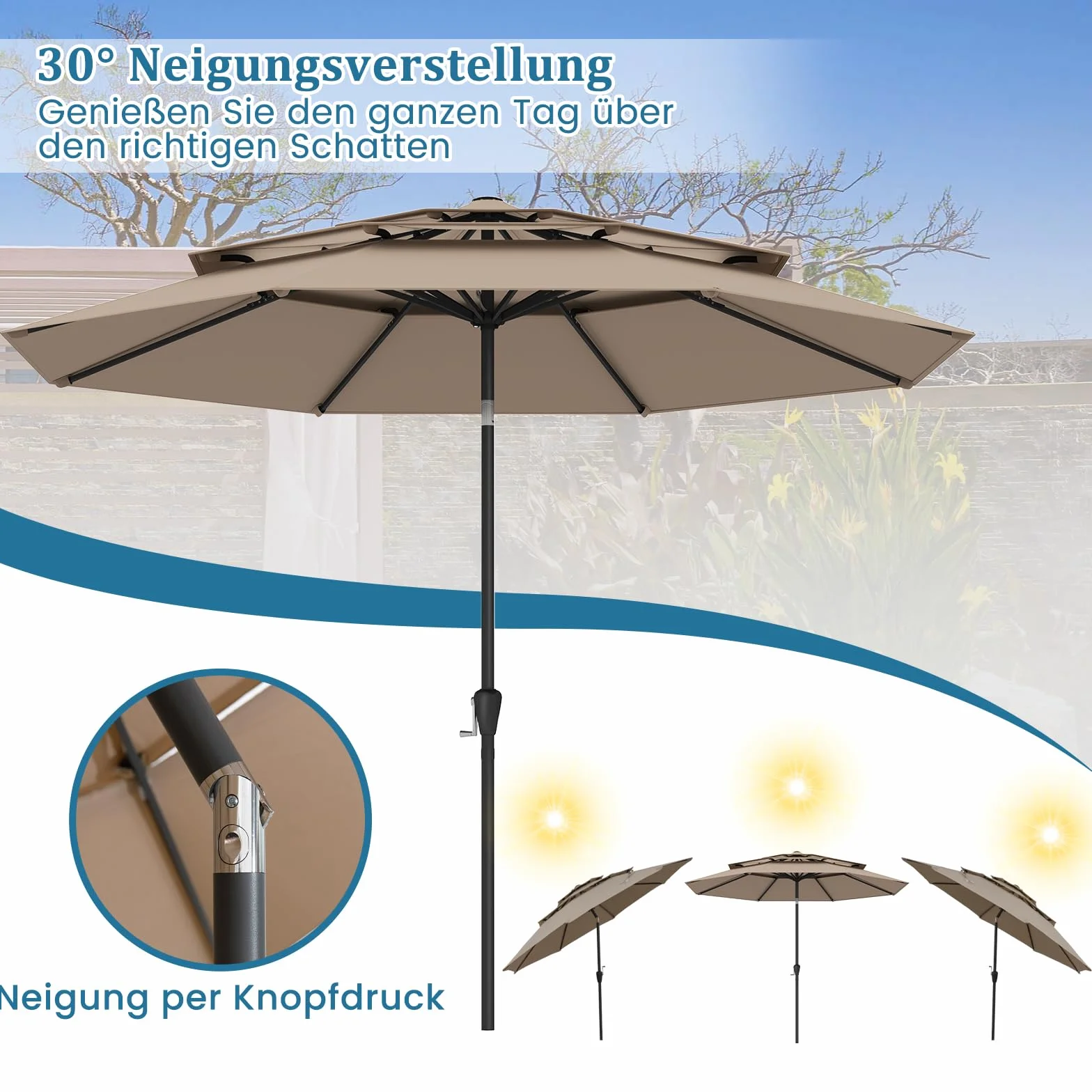 COSTWAY 3-poziomowy parasol przeciwsłoneczny, 300 cm, odporny na wiatr, stabilny, parasol tarasowy z korbą, obustronnie zginany o 30°, parasol balkonowy, wentylowany, do ogrodu, na balkon